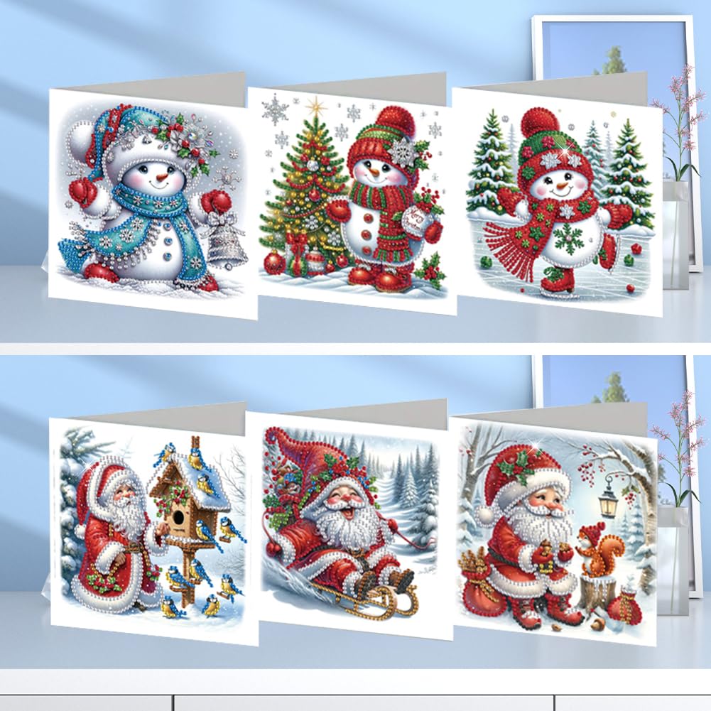 SPEPROECO 6PCS DIY Diamond Art Painting Christmas Cards Kit, 5D Handmade Crystal Greeting Card for Christmas Birthday Embroidery Postcard Diamond Art Greeting Cards for Family Friends