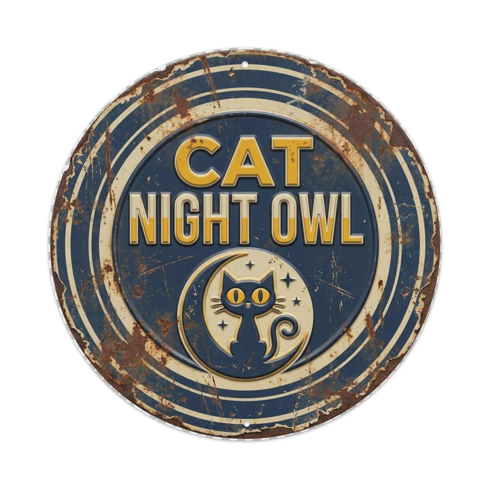 Cat Night Owl Meow Metal Tin Sign Plaque Wall Decor for Cafe, Club Bar, Office, Home Garden Round Metal Poster 8x8Inch