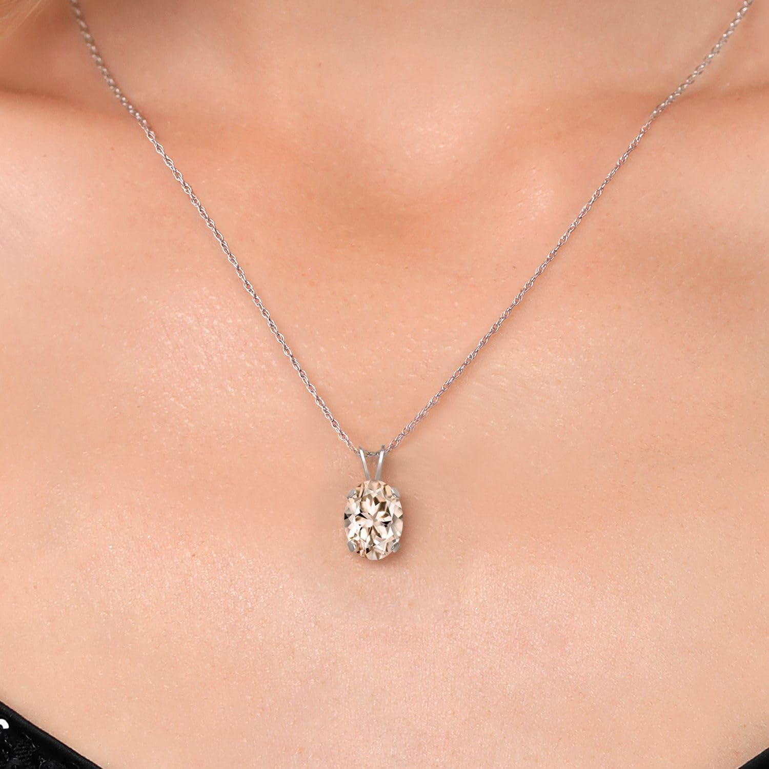 Gem Stone King 14K White Gold Peach Morganite Solitaire Pendant Necklace For Women | 1.00 Cttw | Gemstone October Birthstone | Oval 8X6MM | With 18 Inch Chain