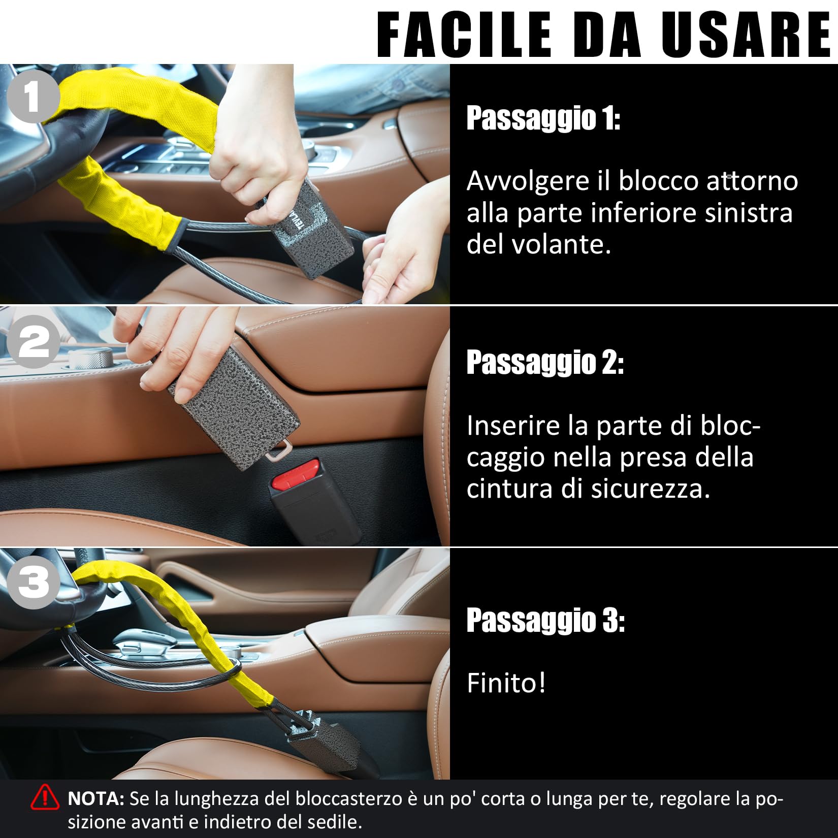 Tevlaphee Blocca Sterzo Automobile Antifurto Testa in Metallo Universale 3 Chiavi Giallo