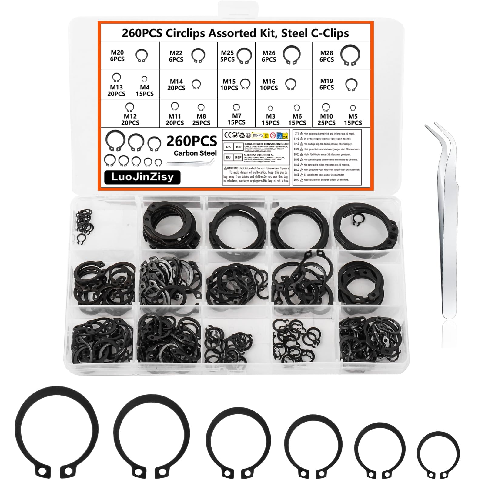 260 Pcs Circlips Assorted Sizes, E Circlip Washers Set, External Retaining C-clip Rings, Locking Snap Ring C Clip, Split Spring Washer, Retaining Clips Assortment, M3-M28