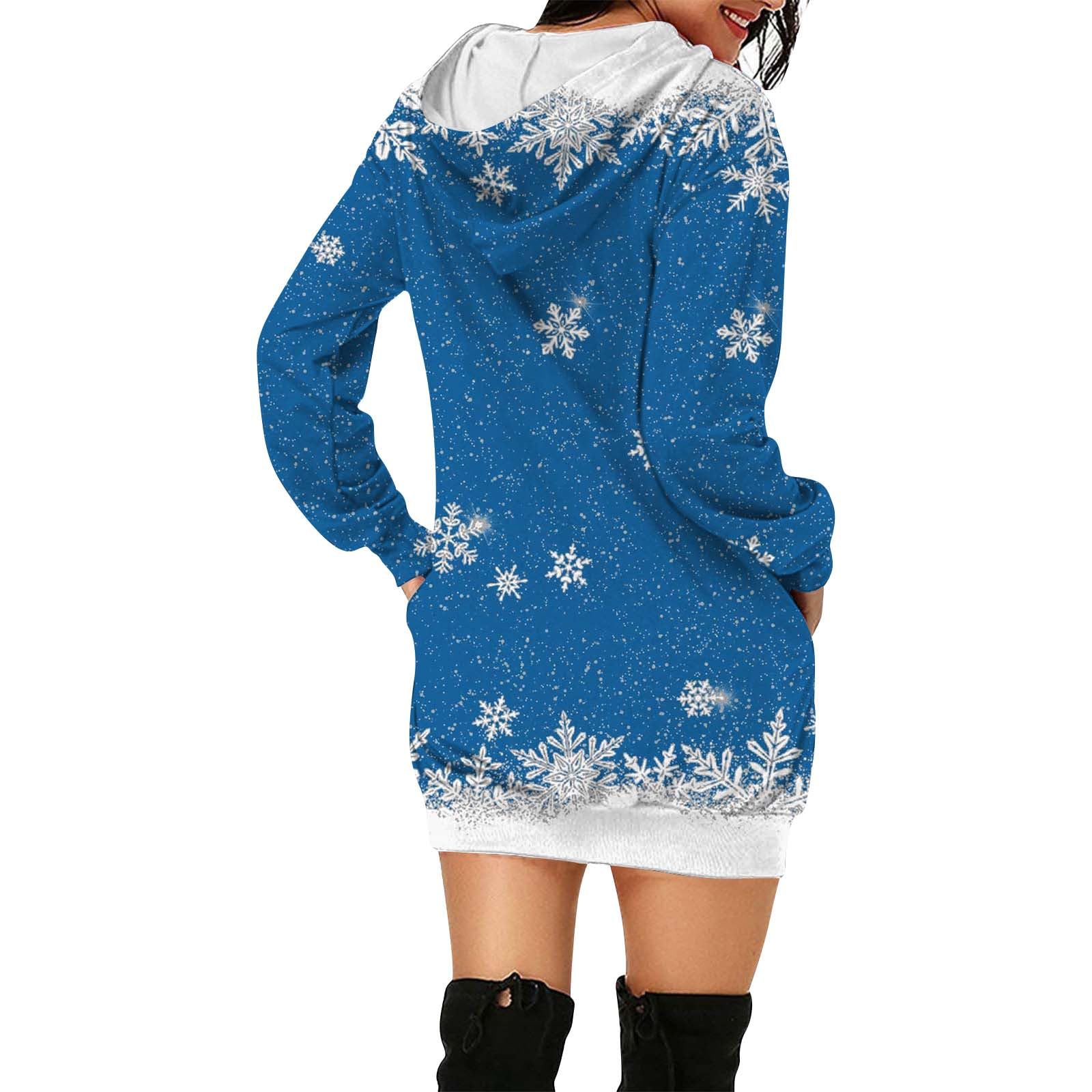 Vestito Natalizio Donna, Felpa Natale Donna Manica Lunga Maglione da Famiglia Taglie Forti Mini Abito Lunga Sweatshirt con Tasche Hoodie Pullover Vestito Natalizio Vestito Donna Maniche Lunghe