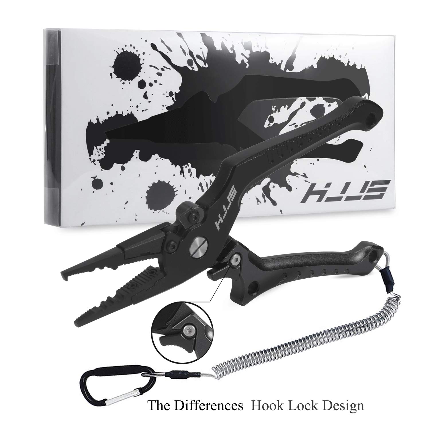 Fishing Pliers Hook Remover Tool with Lanyard and Sheath, Suitable for Saltwater and Freshwater (Black Large)