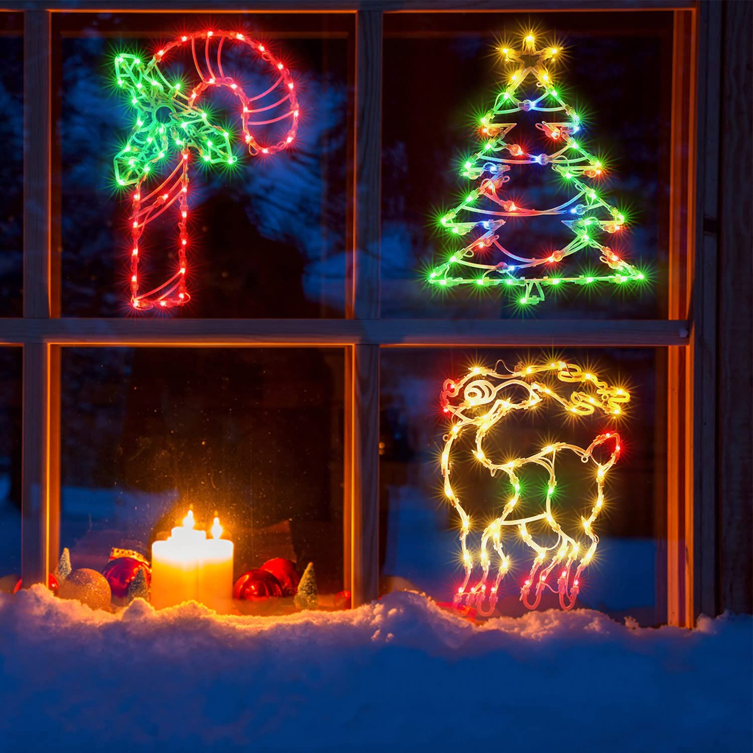 Weihnachts-Fensterdekorationen, 3 Stück, Weihnachts-Fenster-Silhouette, 150 Lichter, Zuckerstangenbaum und Hirsch, Weihnachtsdekoration für Urlaub, Innendekoration