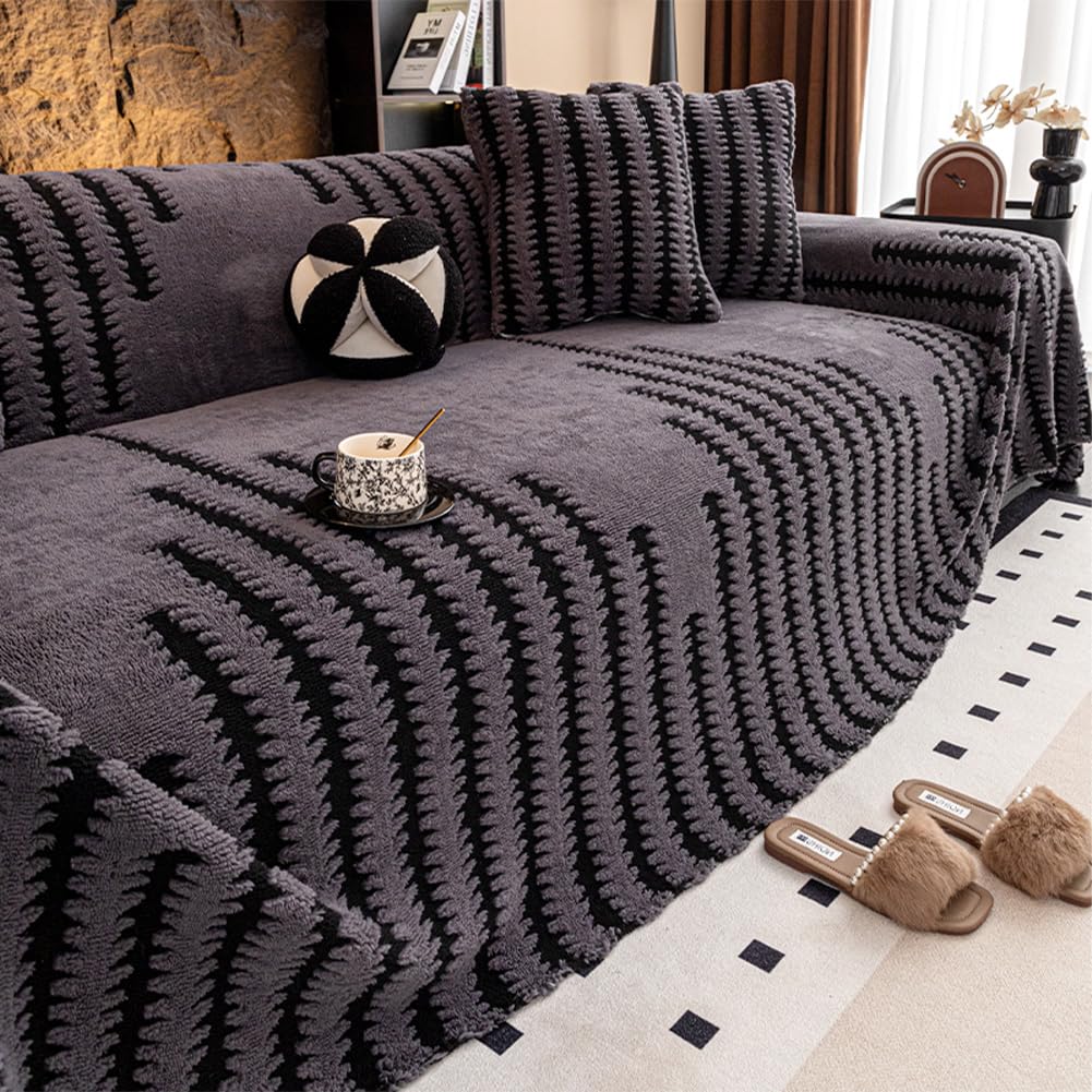 Housse de canapé en peluche antidérapante extensible protection griffe chat anti poils animaux pour canapé d'angle 3 places Gris Clair 180x200 cm
