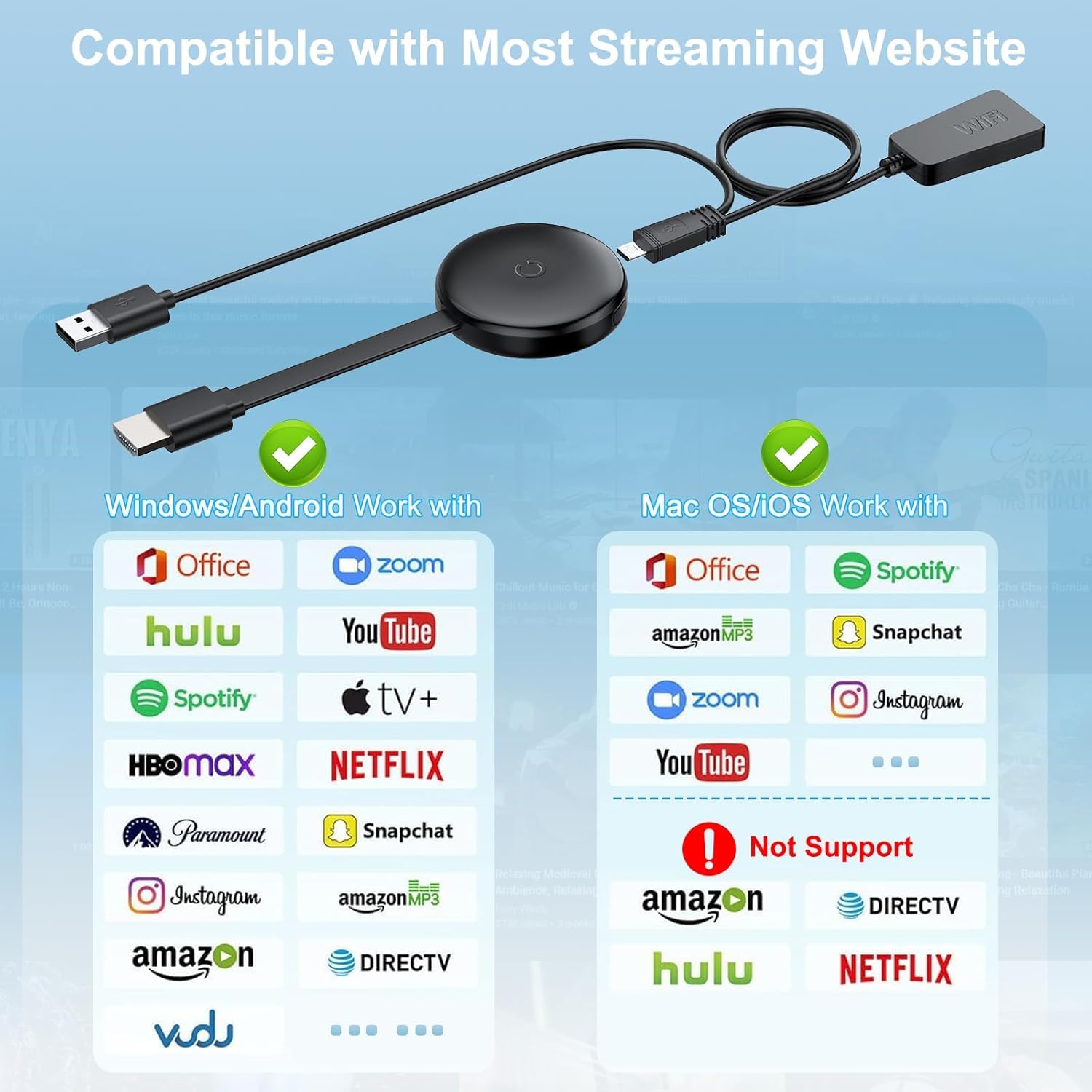 Miracast Wireless HDMI Dongle Adapter, Ricevitore Screen Mirroring per iOS/Android/Windows/macOS/Laptop/Tablet su TV/Monitor/Proiettore, HDMI Extender compatibile con AirPlay, Miracast, DLNA