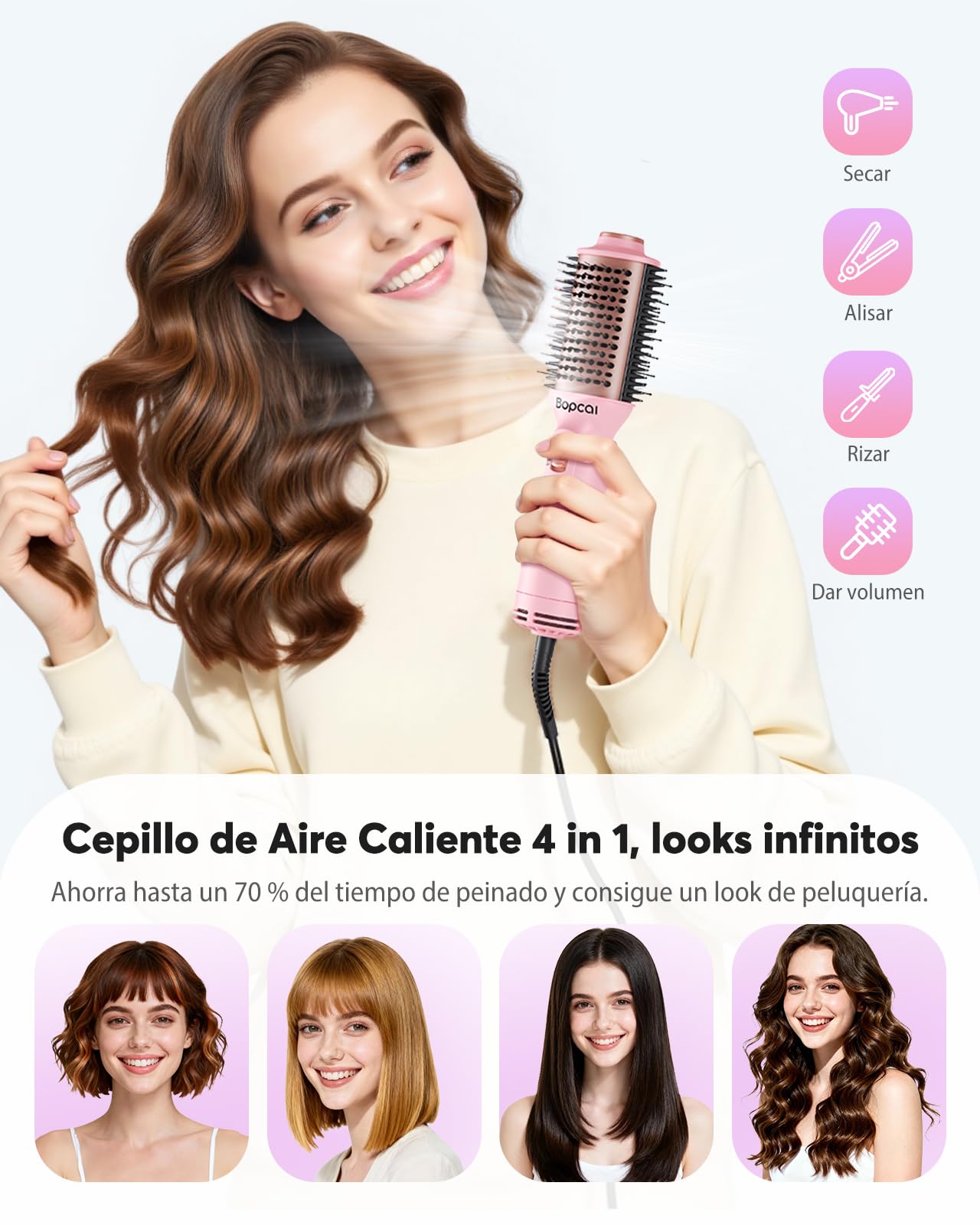 Bopcal Cepillo de Aire Caliente 4 in 1, Secador Iónico Portátil para Pelo Liso, Volumen y Rizos, Mini Cepillo Redondo de Viaje con Doble Voltaje, 3 Niveles de Temperatura y Adaptadores US/UK