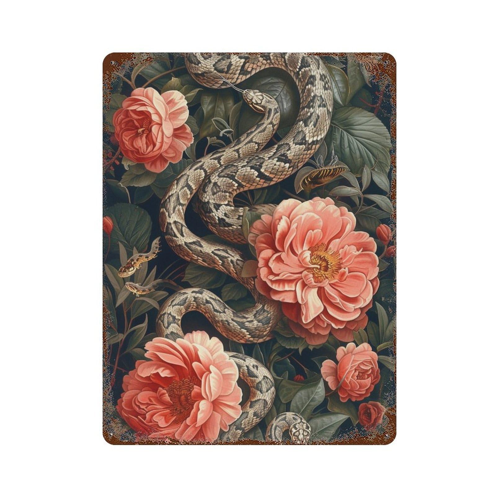 Snake in Flowers 15.7"x11.8" Rustic Tin Plaque, Industrial Home Decor for Farmhouse, Kitchen And Entryway Decor
