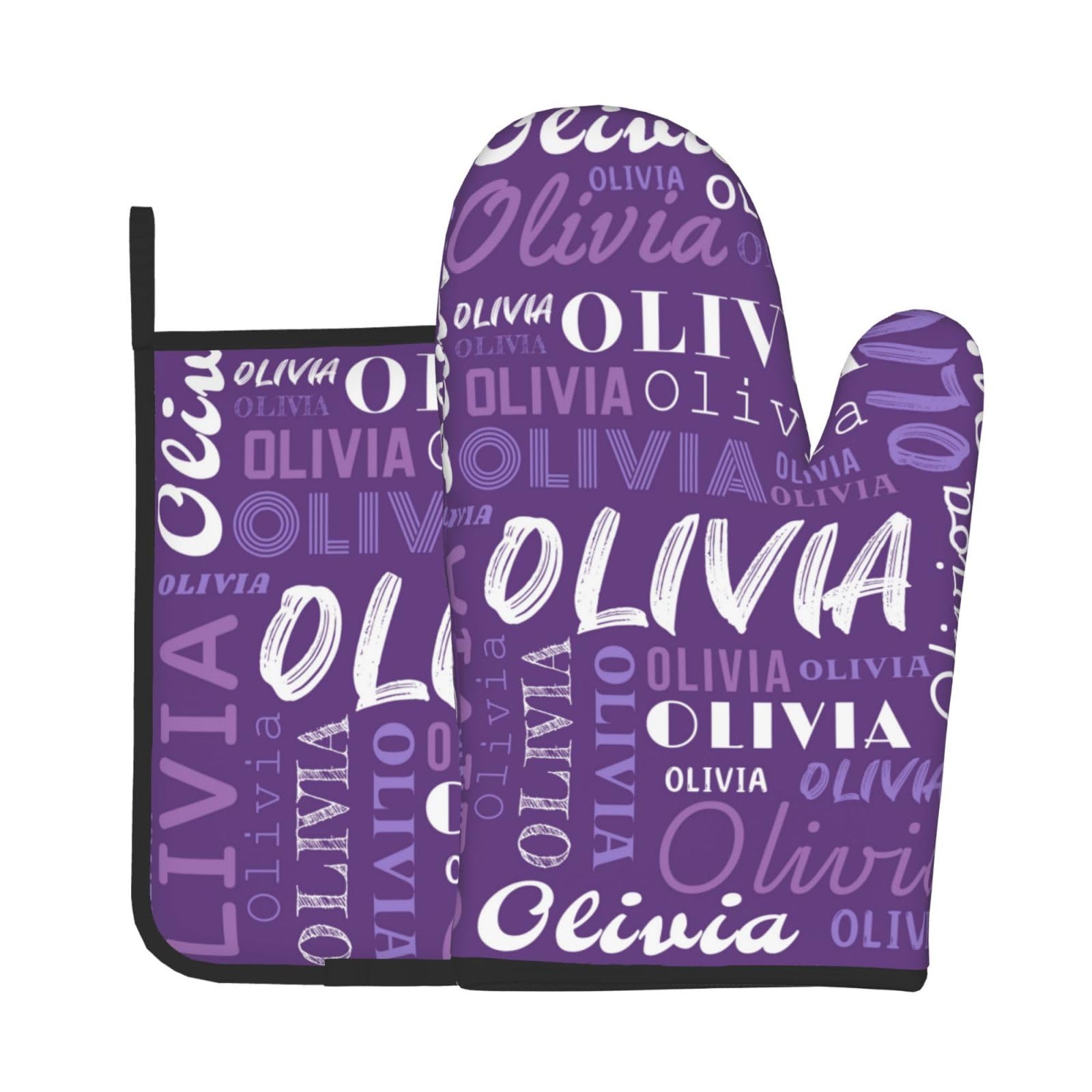 Purple Custom Oven Mitts and Pot Holders Sets with Name Personalized Oven Mitt and Pot Holder Customized Heat Resistant Non-Slip Oven Glove Hot Pads for Kitchen Cooking Baking BBQ