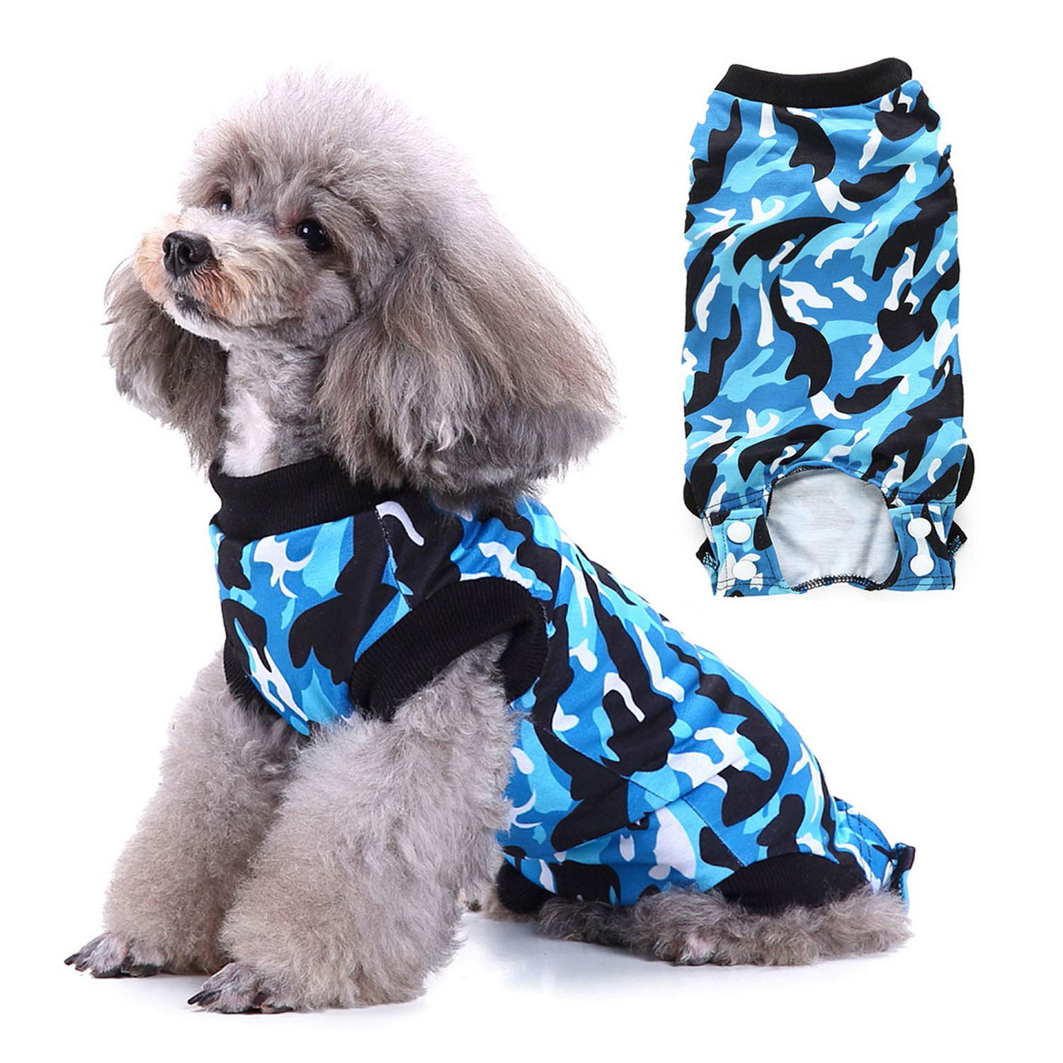 Zunea Pet Dog Cat Recovery Suit for After Surgery Cone Alternative Camo Soft Cotton Injured Care Protection Puppy Clothes Skin Diseases Prevent Lick Weaning Suit for Female Male Small Dogs Blue XS