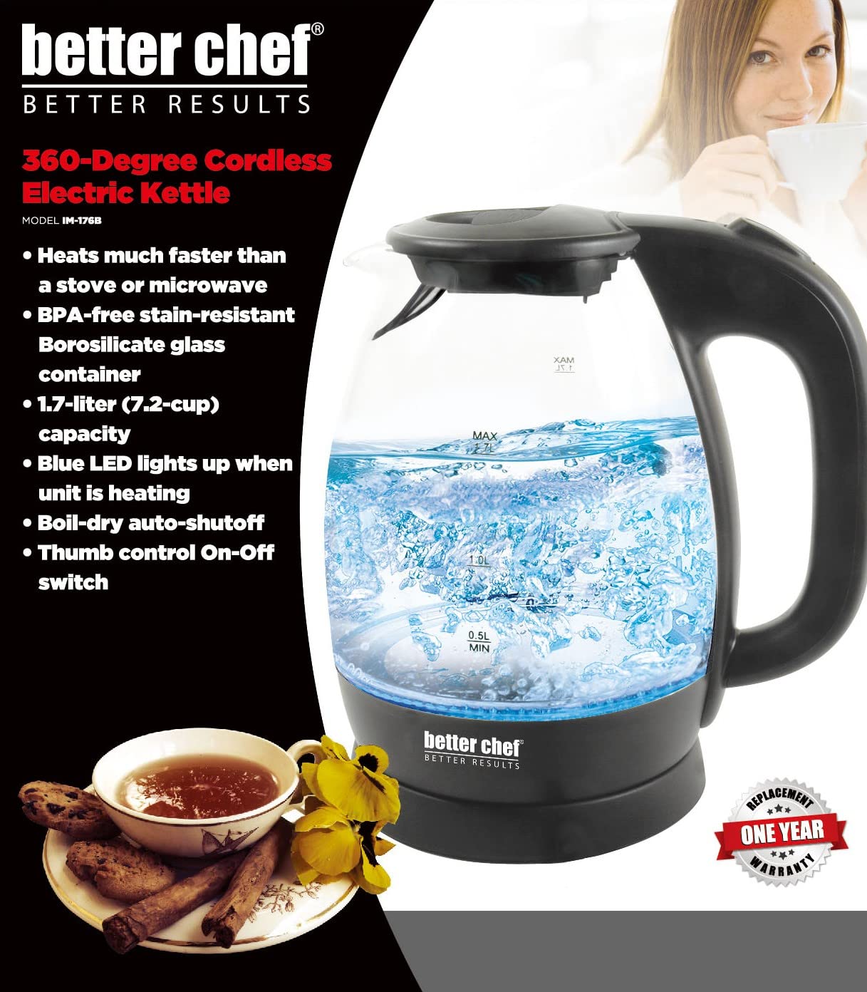 Better Chef Cordless Electric Glass Kettle | 7-Cup Borosilicate Glass | LED Light | 360-deg Swivel Base | Auto Boil-Dry Shut-Off (Black)