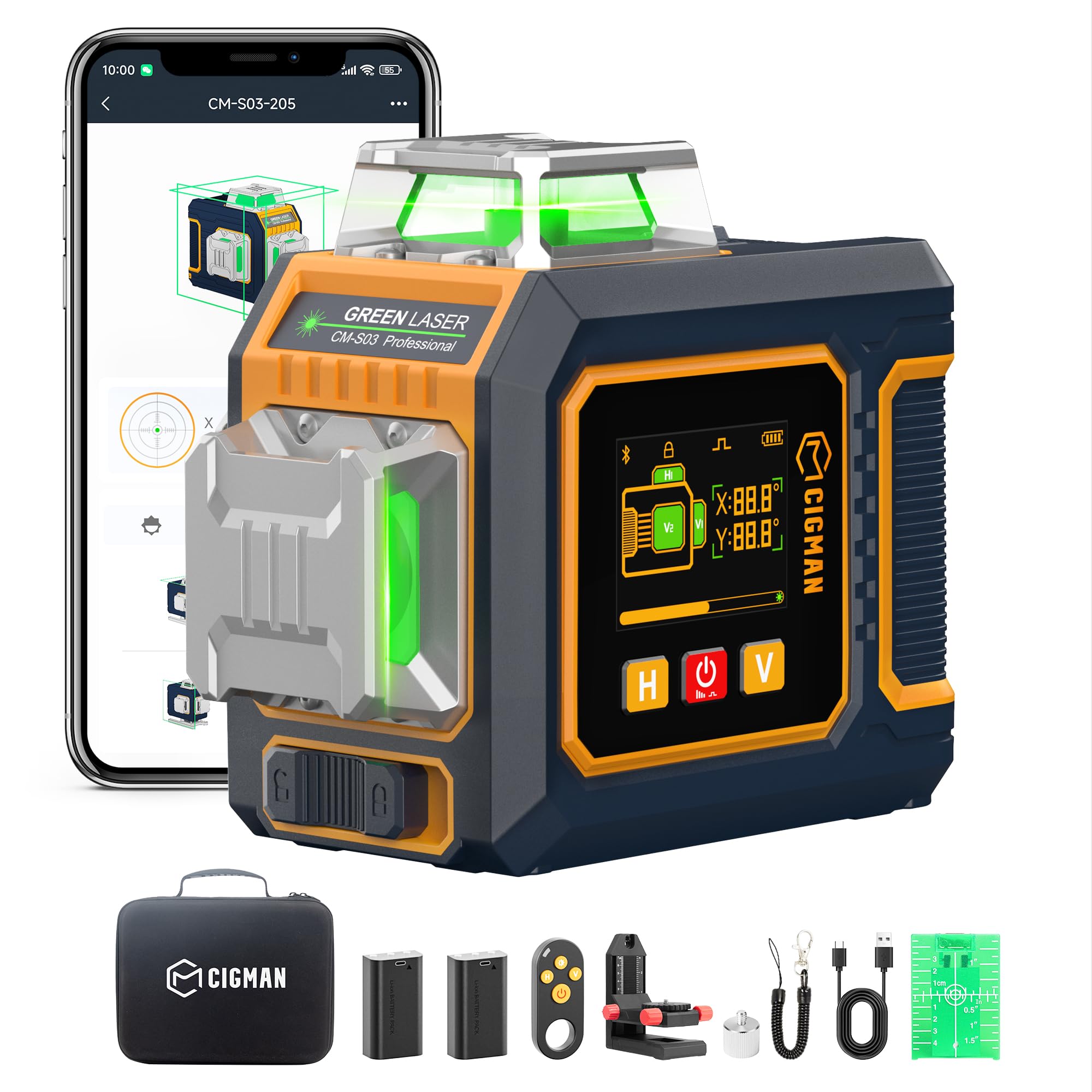 CIGMAN Green Laser Level, 3x360° Side LCD 12-Line Self-Leveling, Bluetooth App Remote, Pulse Mode for Receiver, ±1/8 in. at 33 ft Accuracy, 2x Li-ion (USB-C), 1/4-20 Mount, IP54, ABS Hard Case - S03
