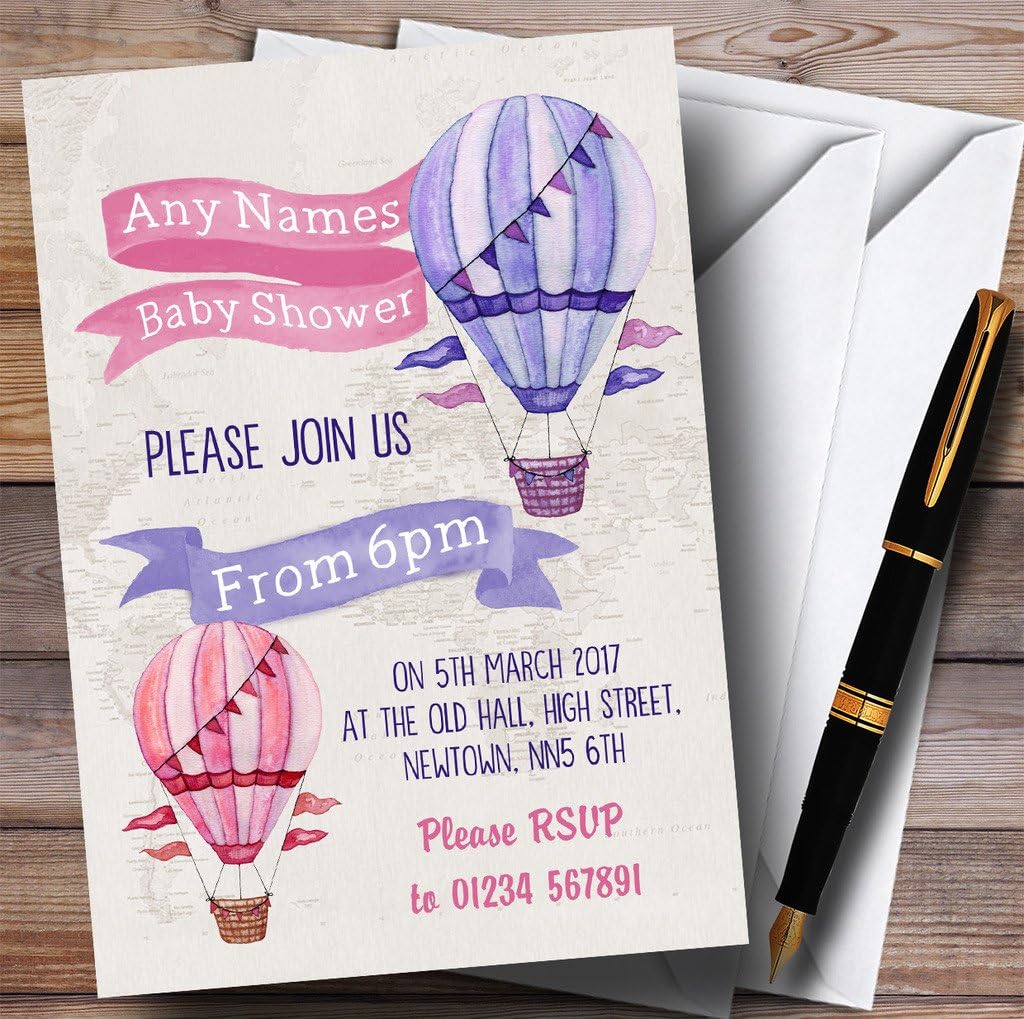 Vintage Watercolour Girls Hot Hair Balloon Invitations Baby Shower Invitations