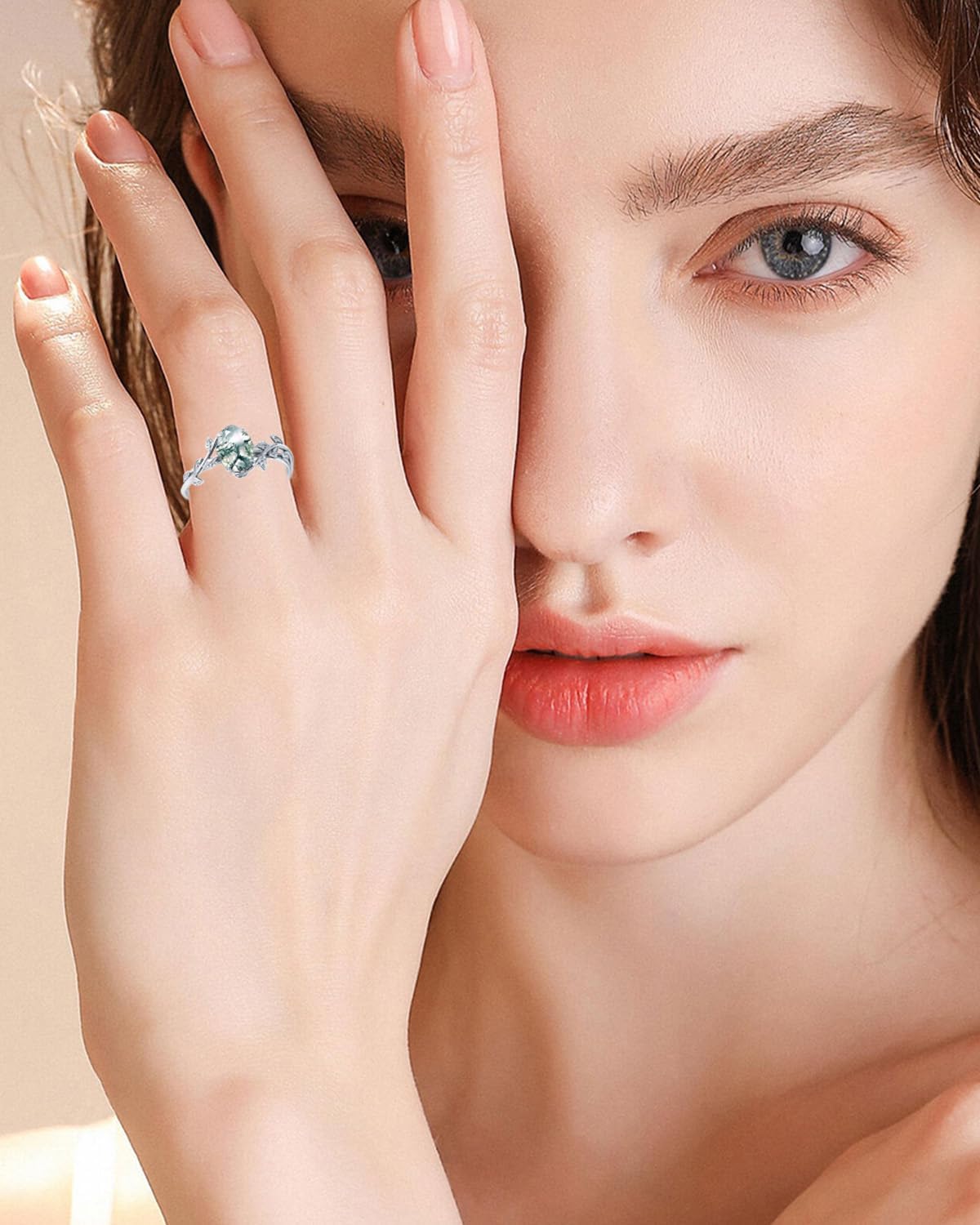 Wasee Natural Moss Agate Ring 925 Sterling Silver Opal Birthstone Ring 925 Sterling Silver Leaf Promise Ring for Her Birthday Anniversary Jewelry for Women