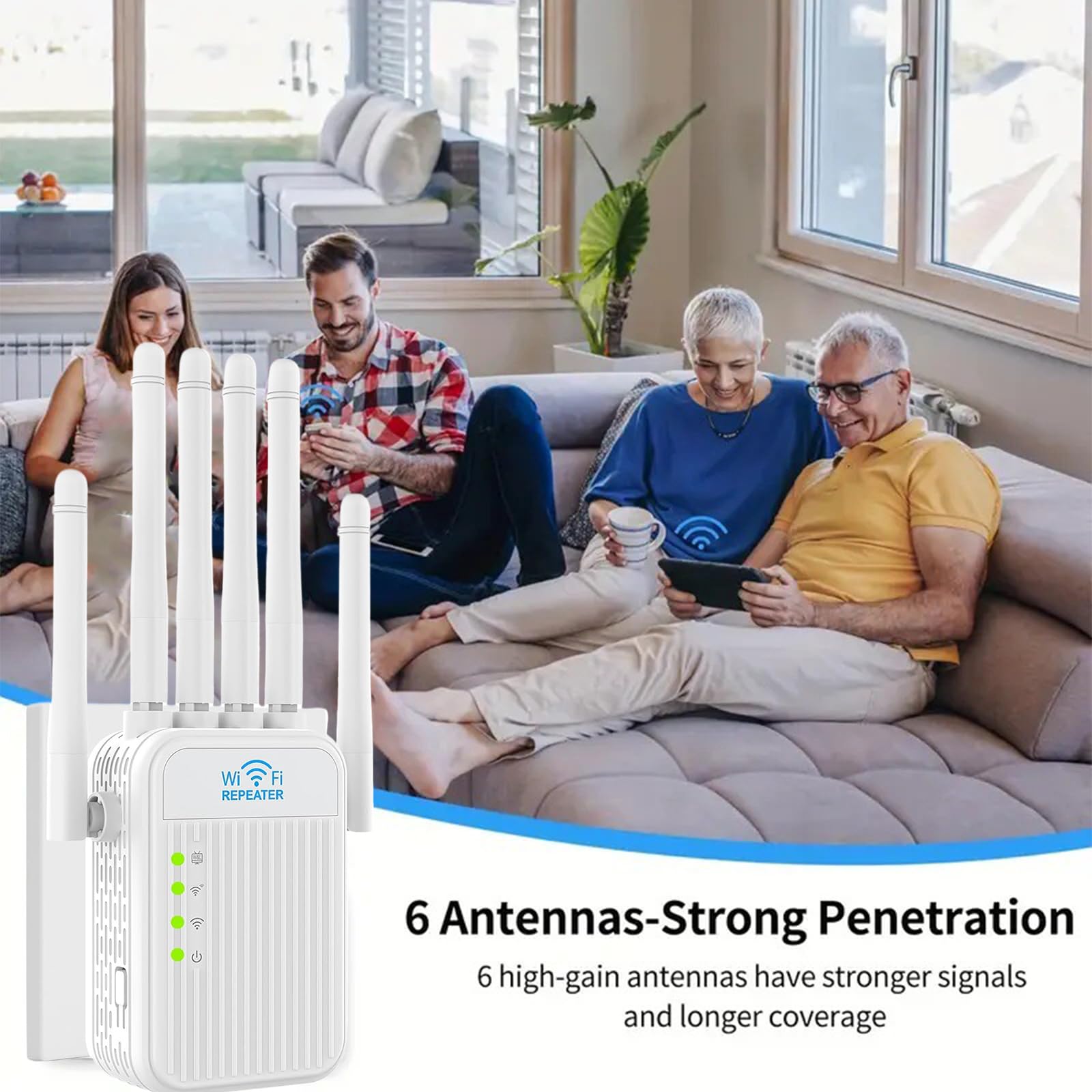 Repeteur WiFi Puissant sans Fil Amplificateur de Signal WiFi,6 Antennes deTransmission Rapide 2 Ports LAN Répéteur WiFi Extérieur Couverture WiFi de 12000Sq.Ft WiFi Extender Signal Booster (Blanc)