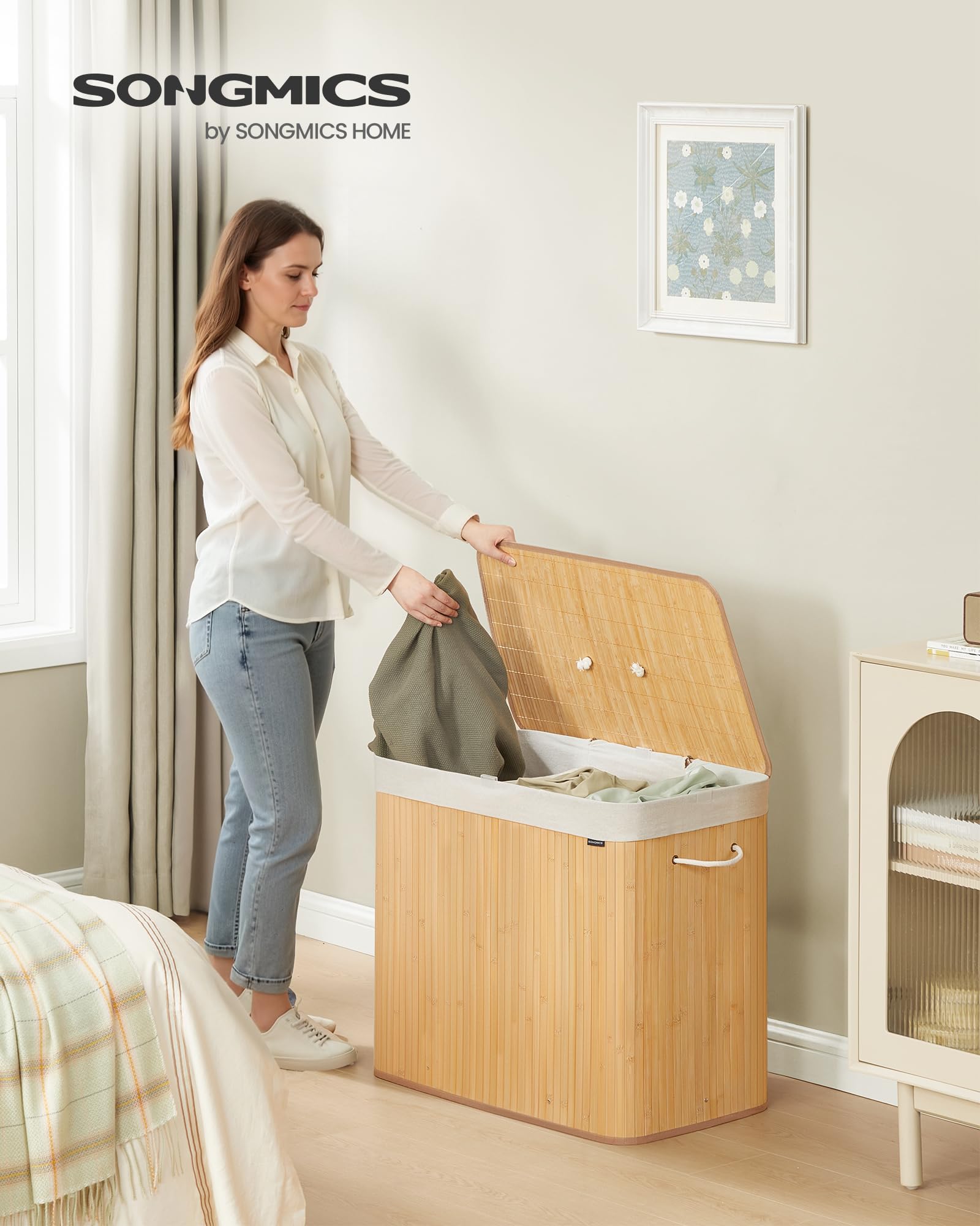 HOMCOM 100L Wasmand Wasbox Wasmand Met 3 Handvatten Afneembaar Bamboe Polyester Katoen Metaal Bruin Wit 52 X 32 X 63 Cm~13dcqio6qu801