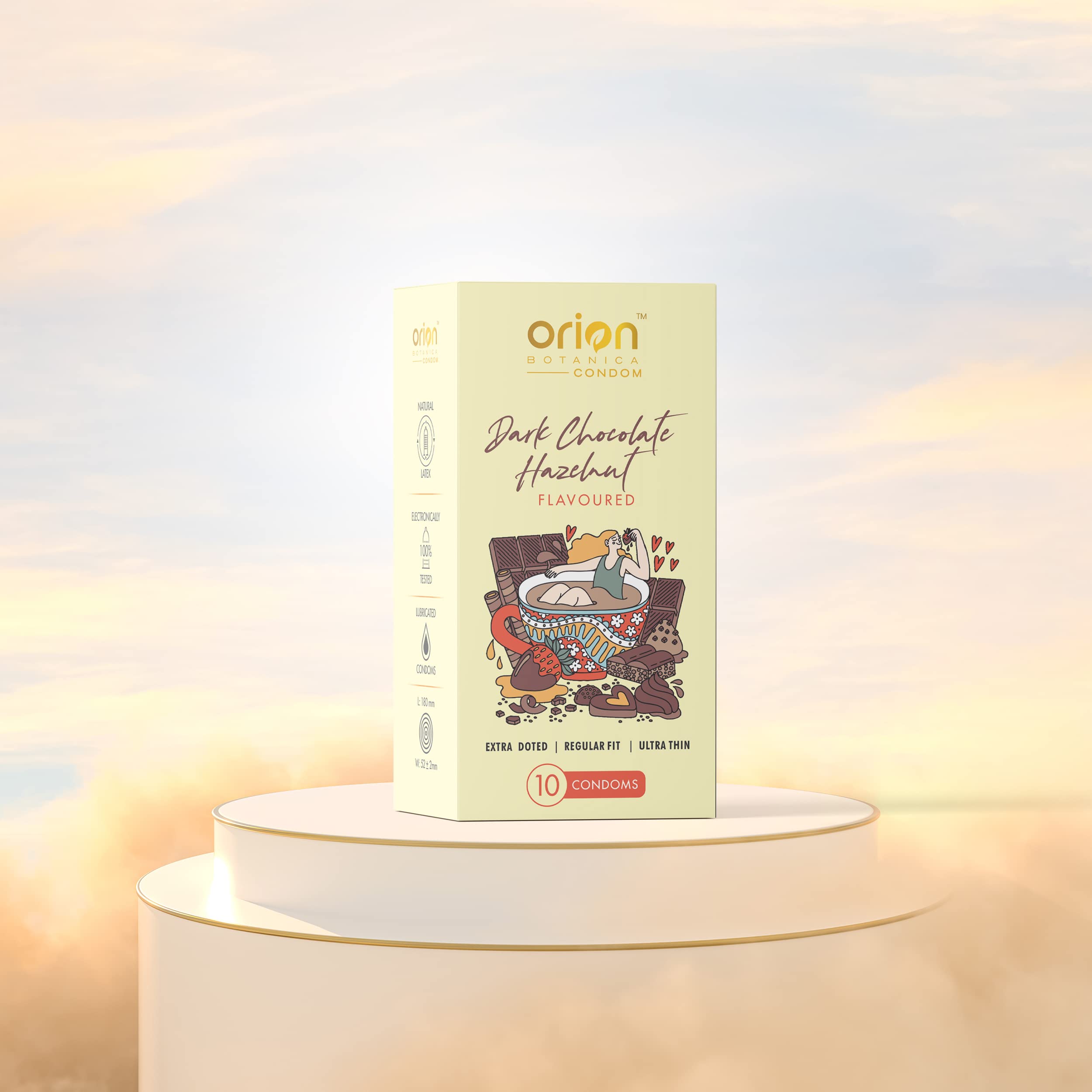 Orion botanica dark chocolate hazelnut flavour condom with extra doted regular fit – 10 counts