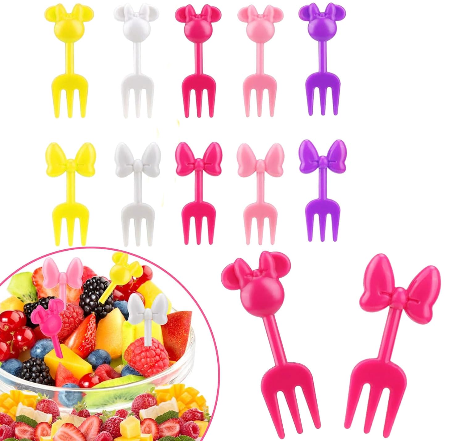 Snack Attack Mouse Head Food Picks for Kids, 10pcs Mini Bow Toddler Fruit Forks, Cute Bento Forks for Lunch Box Decor Accessories