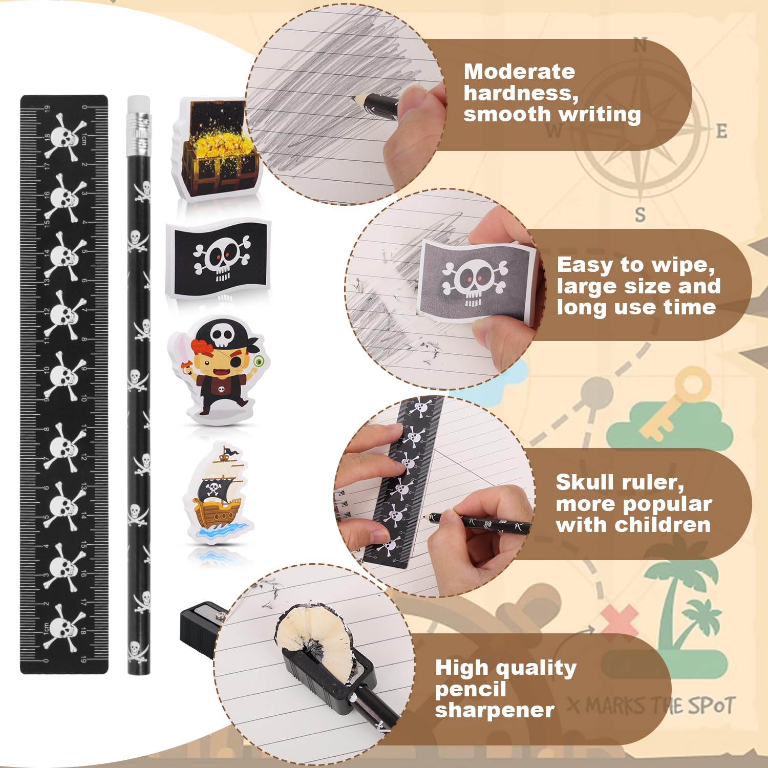 PartyPack Lot De 12 Crayons De Pirate Avec Gomme, Cadeau Parfait Pour Les Fêtes Ahoy, Idéal Pour La Rentrée Scolaire, Les Décorations De Pirate, Les Fêtes Pour Enfants