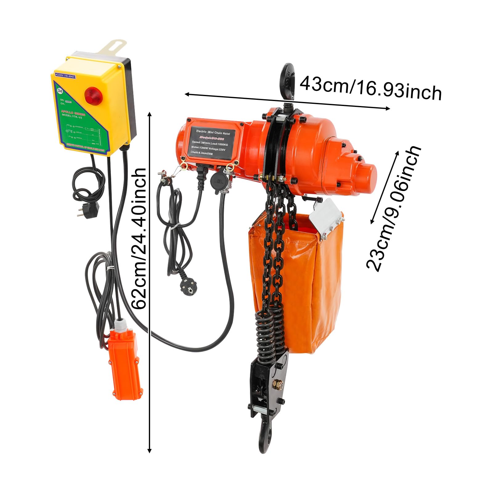 Elektrischer Kettenzug 1000kg, Hebezug mit Fernbedienung, 1300W, 6m Hubhöhe, 100m Kabellose und 4,5m Kabelgebundene Fernbedienung, Elektrische Seilwinde für Fabrik, Lager, Werkstatt (Rot+Orange)