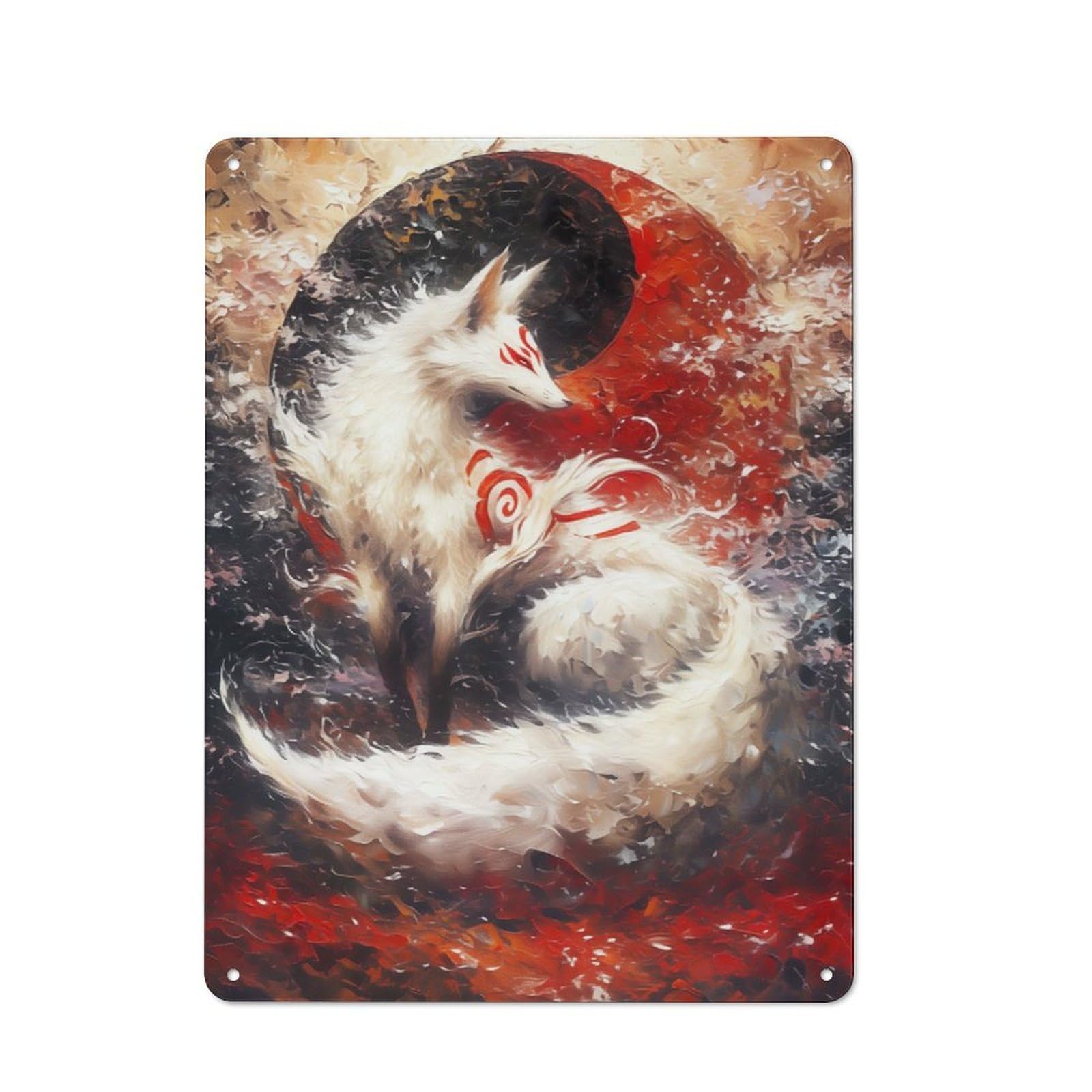 Junmoney White Kitsune Fox Yin Yang Retro Metal Plaque 40X30cm For Bar Or Restaurant, Suited To Restaurant Interior Fans