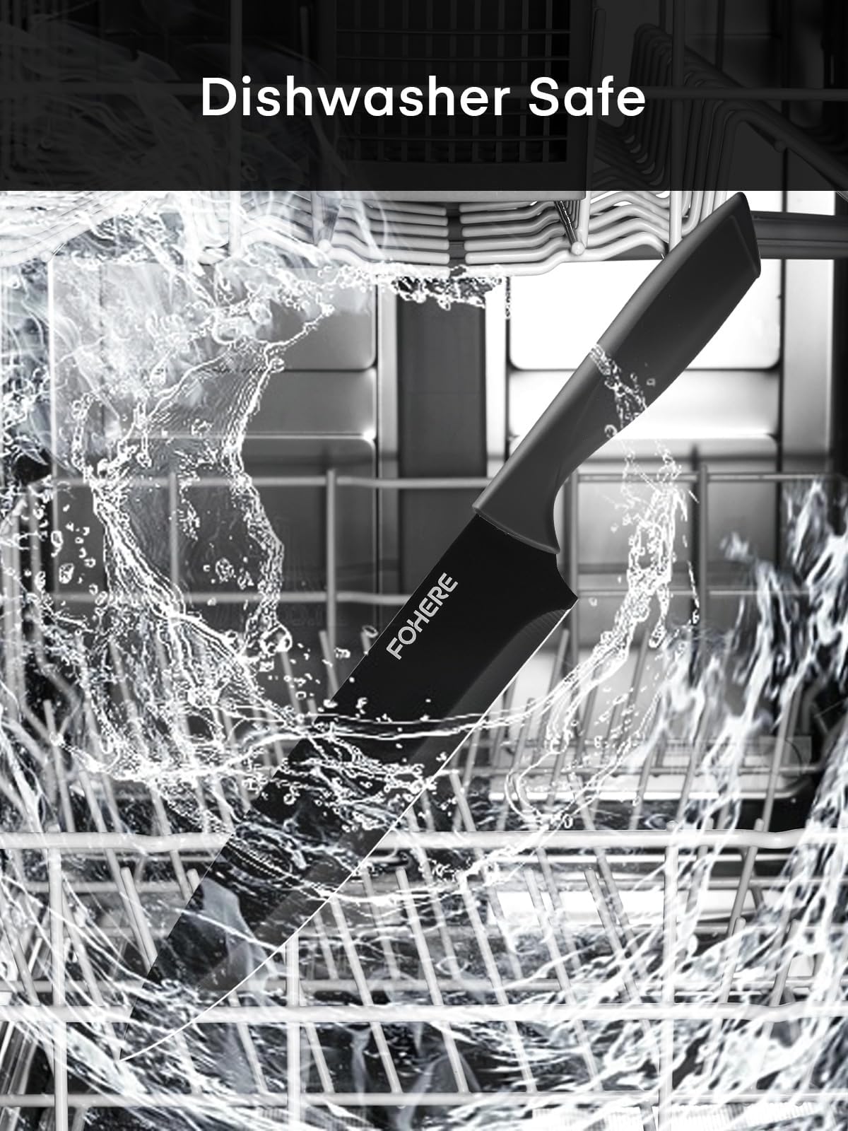 FOHERE Bloc de Couteaux,13 Pièces, Couteau Cuisine avec Affûteur Intégré, Acier Inoxydable, Ensemble de Couteaux avec Poignée en PP, avec Bloc Couteaux en Plastique, Granit Noir