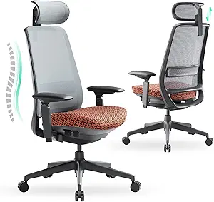COLAMY Ergonomic Office Chair, Mesh Desk Chair with High Back, Lumbar Support, Adjustable Headrest and 4D Arms, Slide Seat, Tilt Lock-Coral
