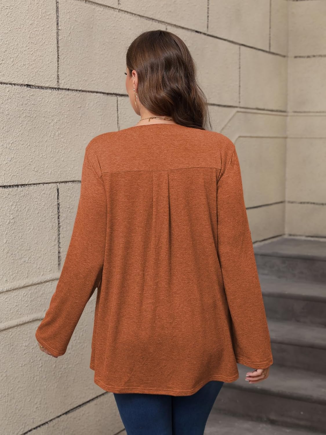 Women's Plus Size Tops V Neck Roll Up 3/4 Sleeve Tunic Pleated Casual Shirts Trendy Dressy Flowy Going Out Blouse - Image 4