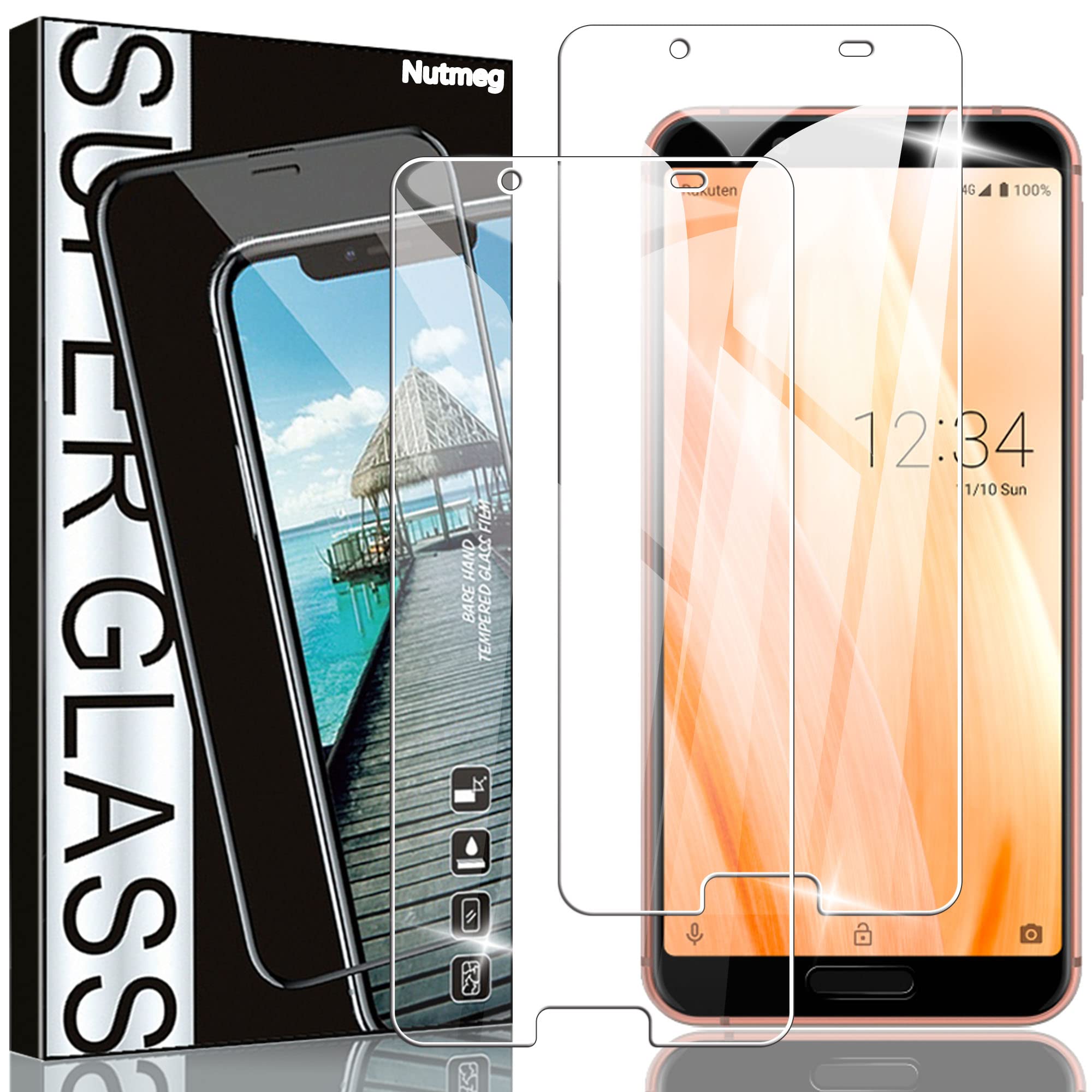 Nutmeg【2枚入り】AQUOS sense3/sense 3 lite 用の ガラスフィルム SHV45/SH-02M/SH-RM12 用の フィルム 日本旭硝子素材 sense3/sense3 Lite 用の 保護フィルム 強化ガラス【貼り付け簡単/干渉しない/指紋防止】