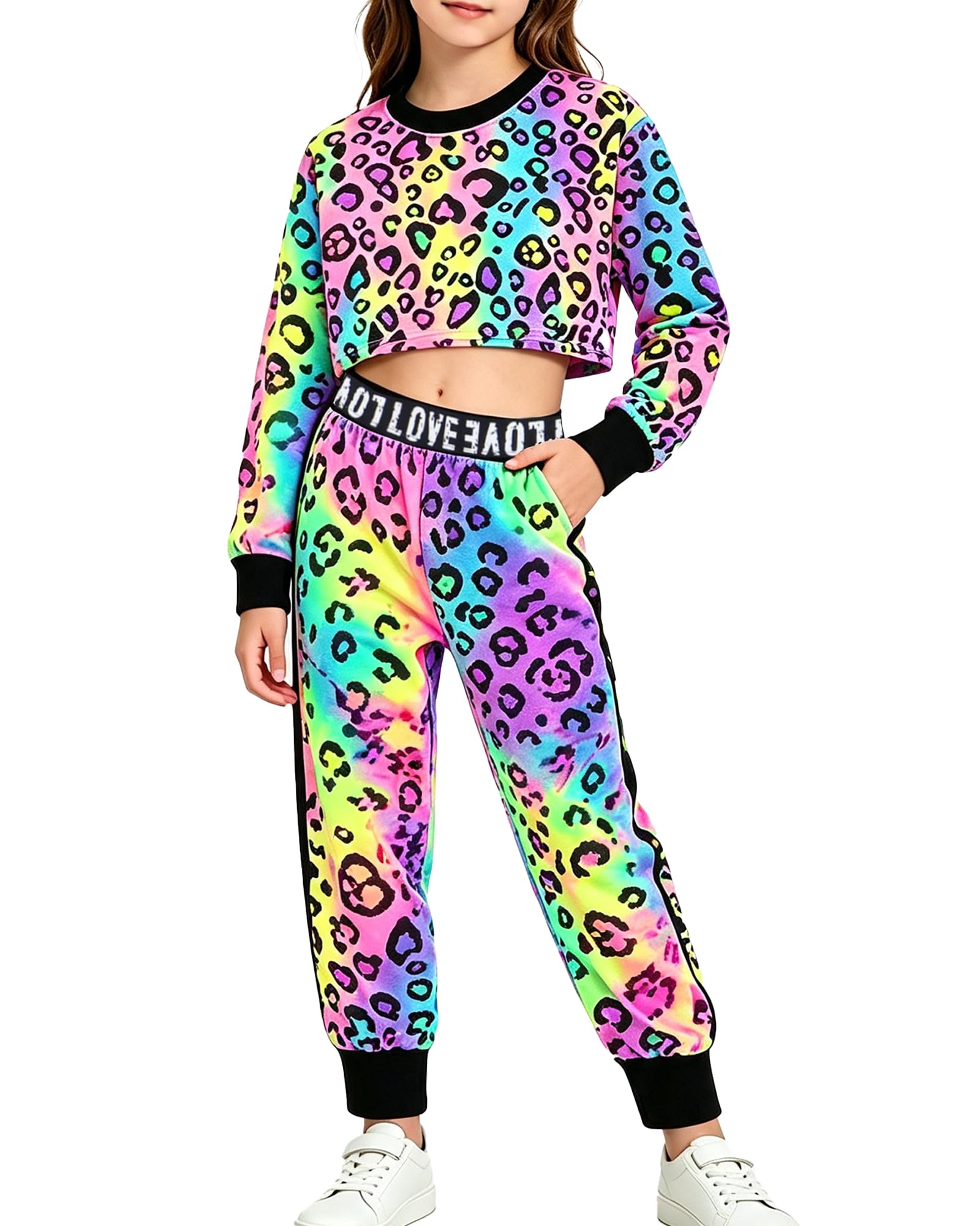Betusline Girls Sweatsuit, Long Sleeve Crop Top Jogger Pants, 4T-14Y