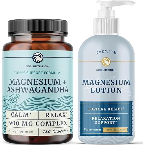 Nobi Nutrition Loción de magnesio y suplemento de magnesio Ashwagandha  Soporte de magnesio de cuerpo completo para cuerpo y mente con 8 onzas