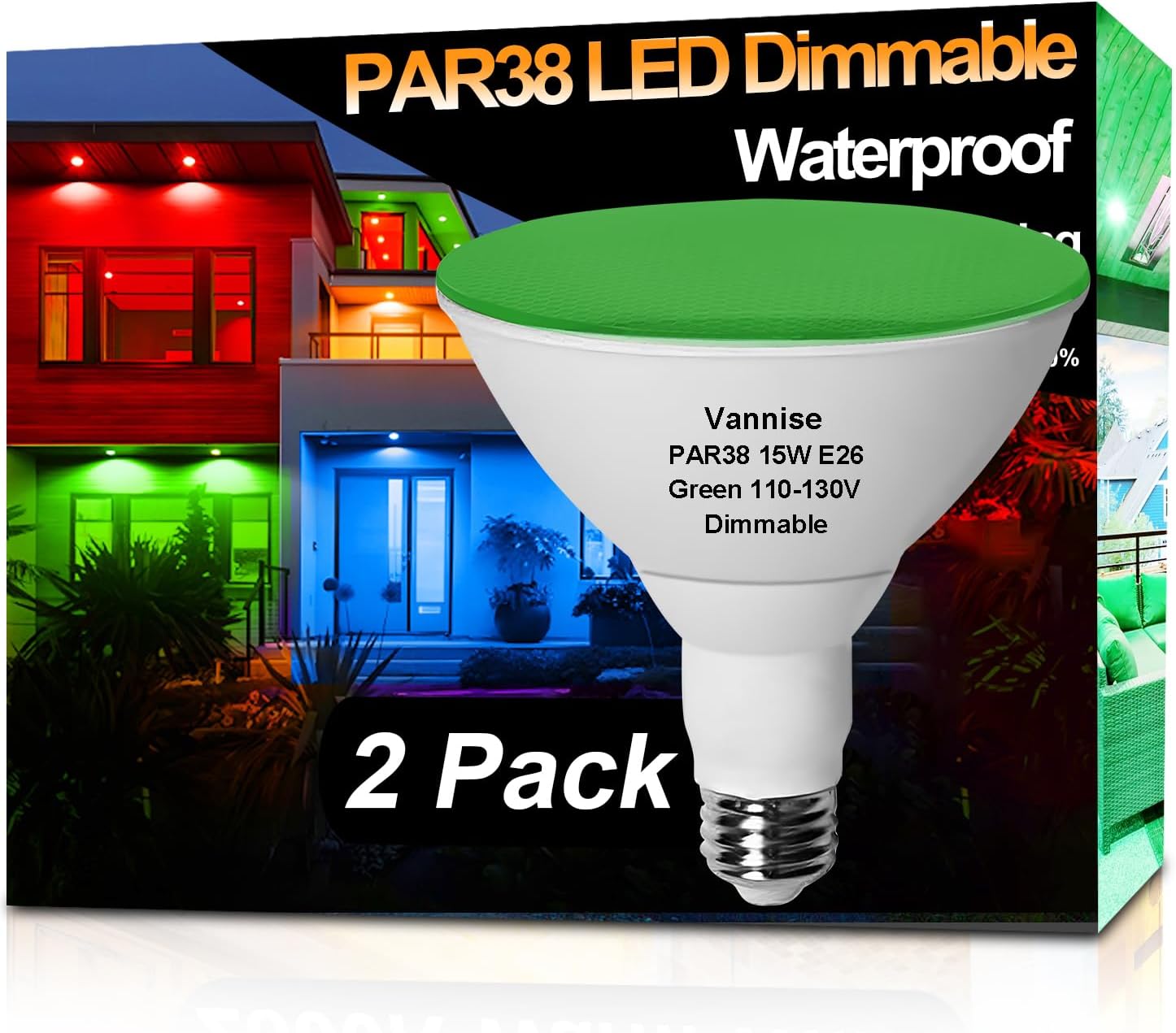 PAR38 LED Flood Light Bulbs Green, 2 Pack 700LM PAR38 LED Green Dimmable 15W, Equivalent 100W, No Flicker Green Creative PAR 38 120V, E26 Base for Home Holiday Lighting Party Decoration.
