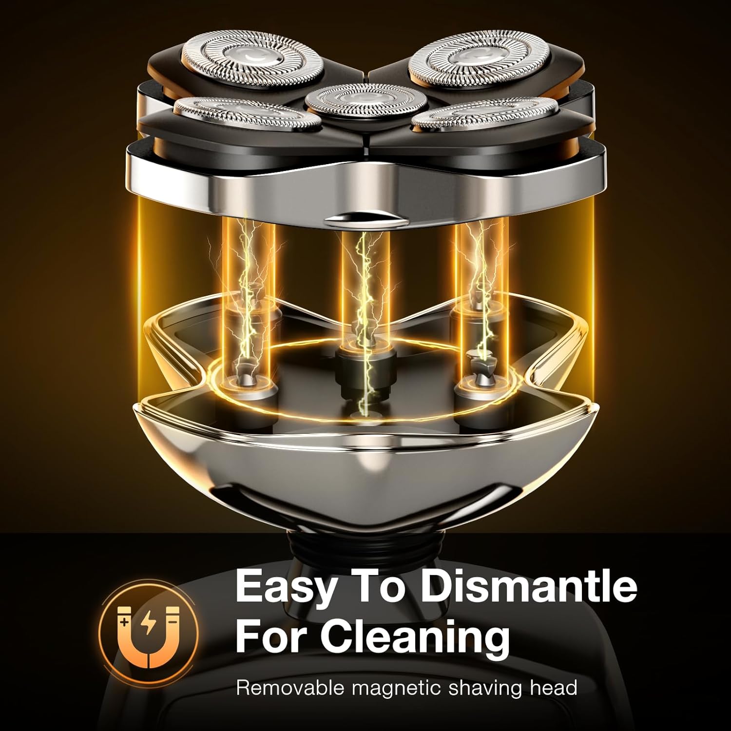 Diagram showing the magnetic detachment of the shaver head for easy cleaning.