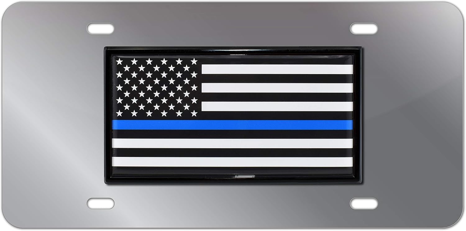 Elektroplate Police Thin Blue Line USA Flag All-Metal Stainless Steel Decorative Front Plate with 3D Emblem | Weatherproof Automotive Accessory for Cars, SUVs, Trucks (12" x 6")