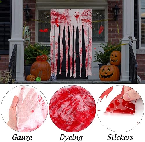 Miniatura 3 de BigOtters 3 piezas de decoración de cortina de puerta de Halloween con impresiones de manos sangrientas, cortina de puerta y calcomanías de pared