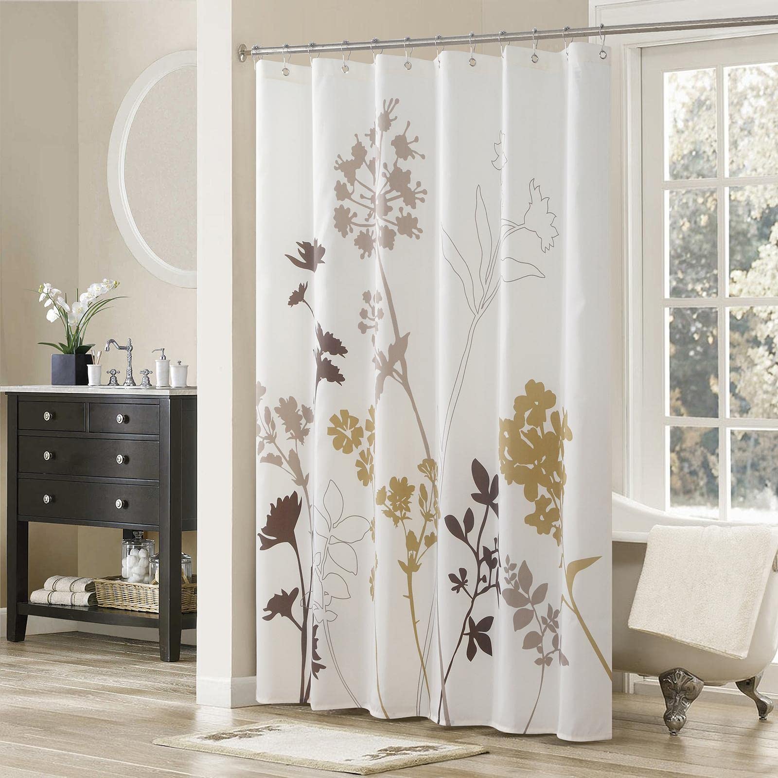 Silhouette Brown Flower Shower Curtain for Bathroom with Hooks，Polyester Waterproof Cream Fabric Leaves Printed Decorative Ivory Floral Shower Curtain