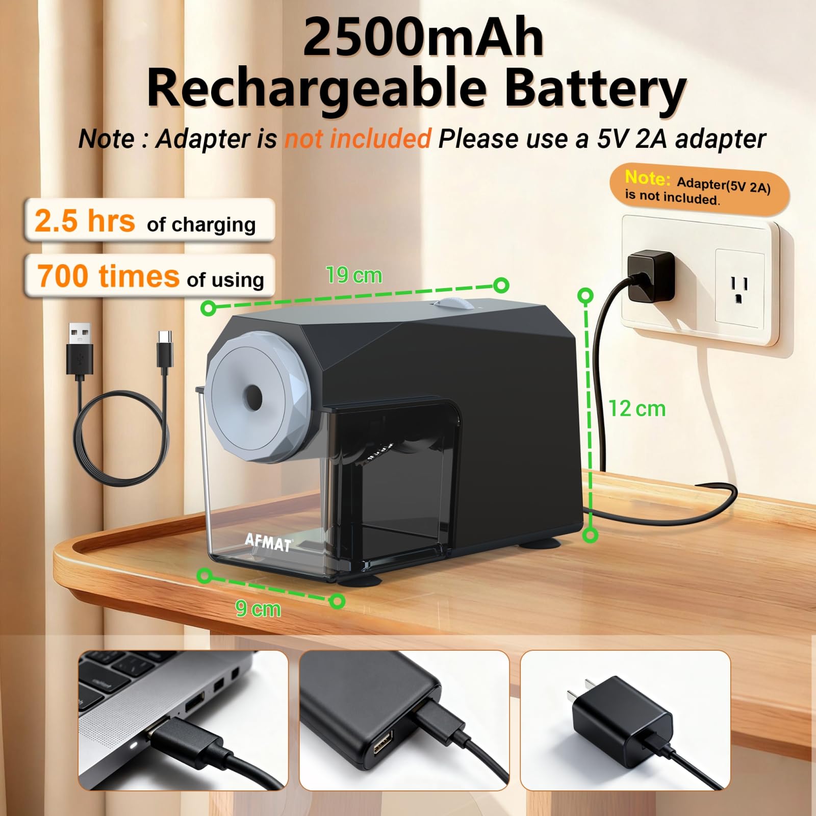AFMAT Taille-crayon électrique automatique complet avec récipient, rechargeable, rapide et sans mains, 5 réglages, taille-crayon haute performance pour crayons jumbo/crayons de couleur (φ6,5-10,5 mm