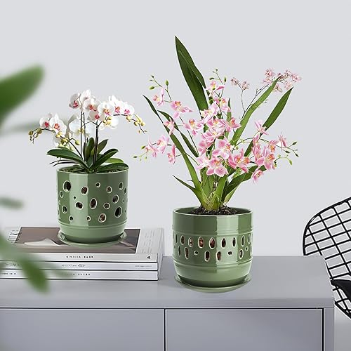 Miniatura 2 de COLOAPT Macetas de orquídeas, macetas de orquídeas de 5+6 pulgadas con agujeros, maceta de cerámica con drenaje y platillo, mejoran la buena