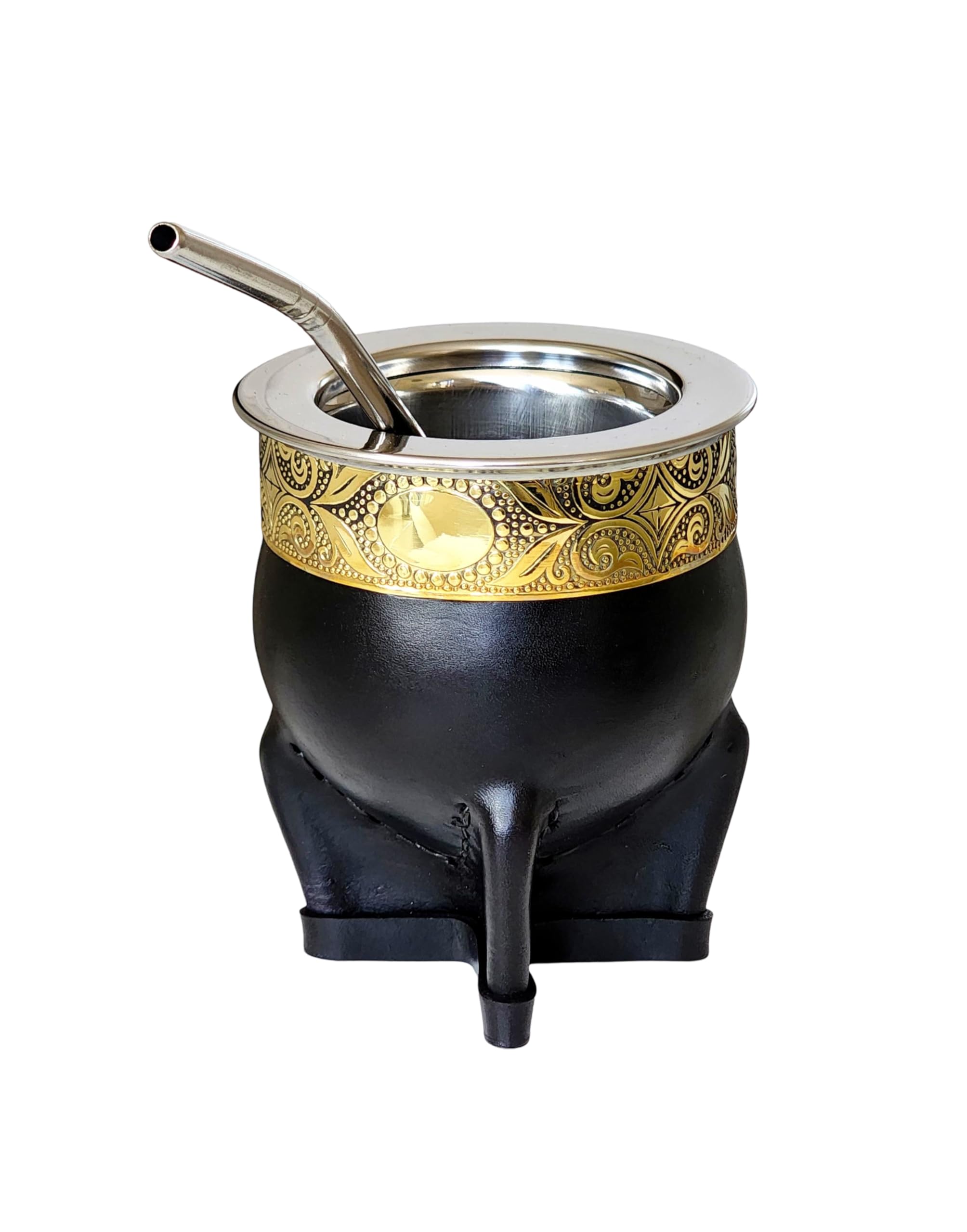 Taza Mate Imperial Argentino Premium - Hecho de Acero Inoxidable Térmico - Exterior Cuero Negro con Bronce - Incluye Bombilla de Regalo. (Estilo 2)
