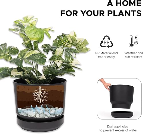 Miniatura 10 de Elly Décor Maceta cilíndrica de plástico de 12 pulgadas con platillo de riego automático y orificio de drenaje, ligera y extremadamente duradera, 12