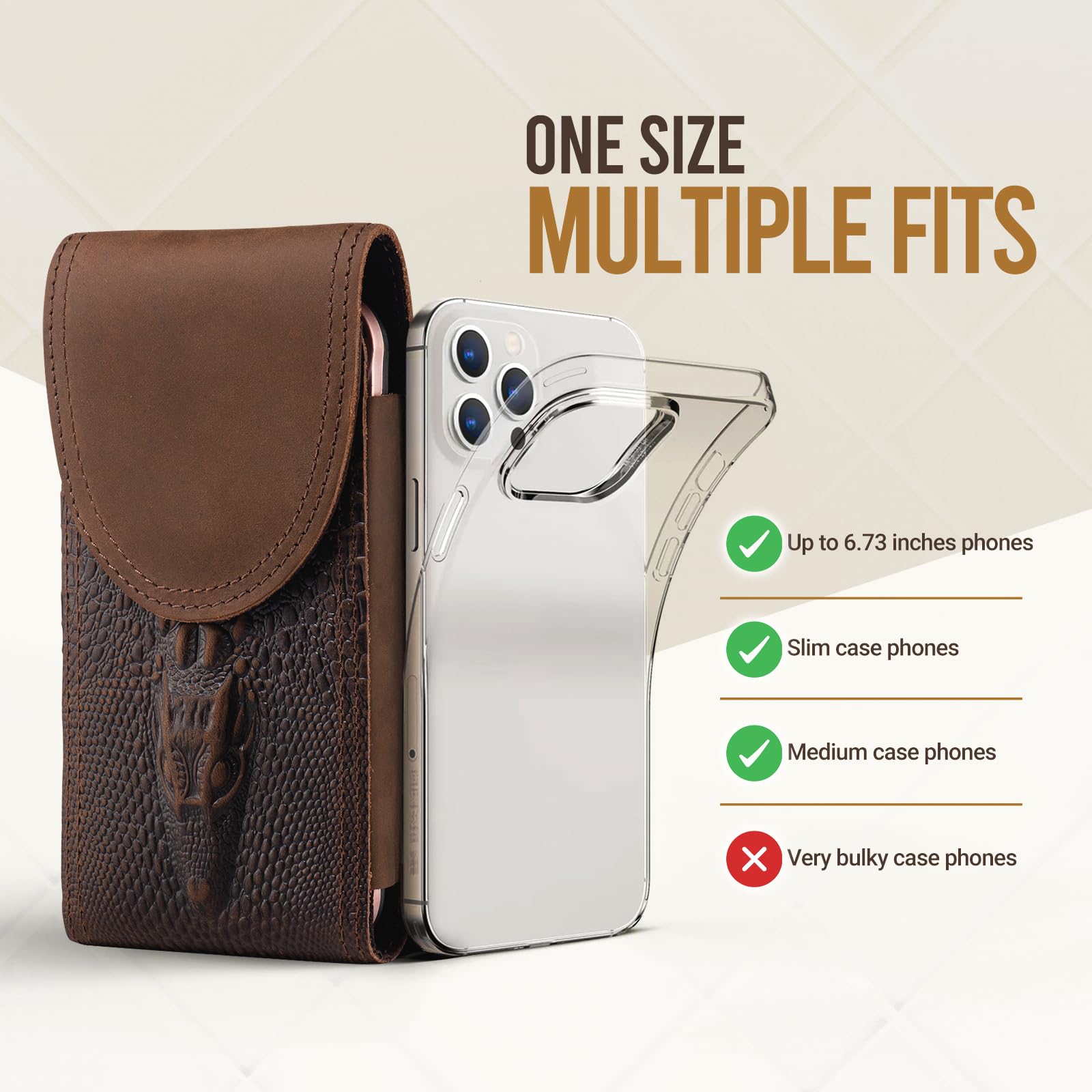 Genuine Leather Phone Holster Fits for iPhone 15 Pro Max 14 Pro Max 13 Pro Max Samsung Galaxy A14 A54 S23 Ultra S22 Ultra Note 9 8 Holster Belt Clip Pouch Case Cell Phone Holder (Retro Brown)