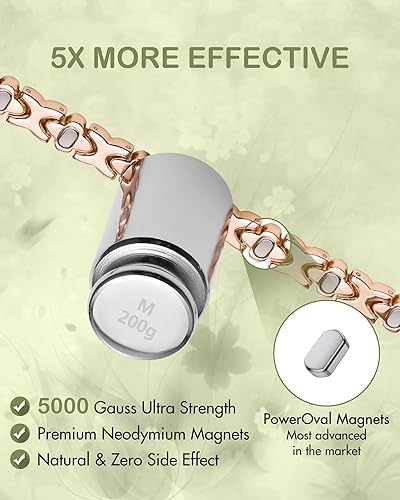 Miniatura 11 de Feraco Pulseras de cobre puro para mujer, pulsera magnética ultra fuerte 5X con 5000 imanes de neodimio Gauss y cierre de mariposa mejorado, regalo