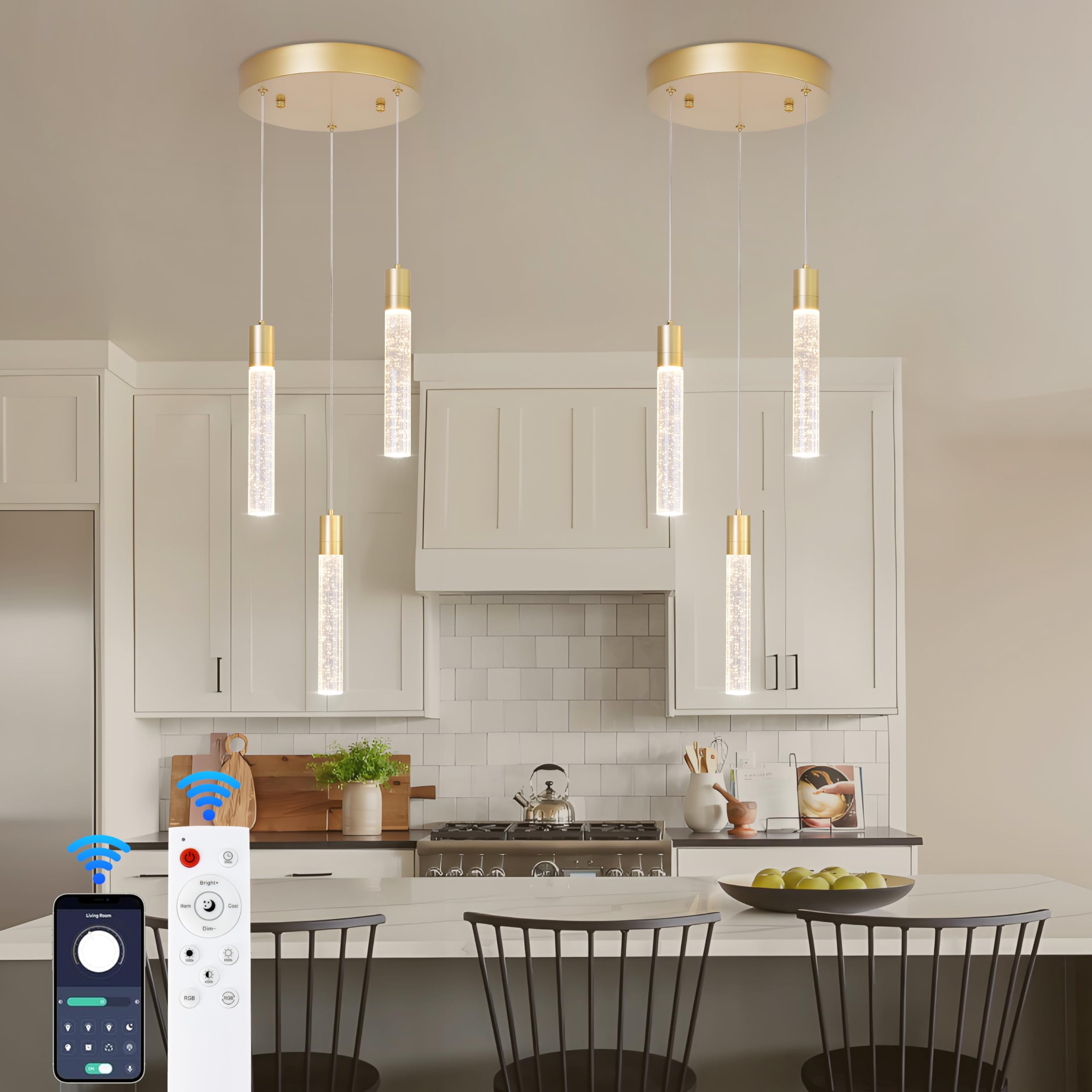 3 Light Pendant Lights,LED Bubble Crystal Pendants with Dimmable,Gold