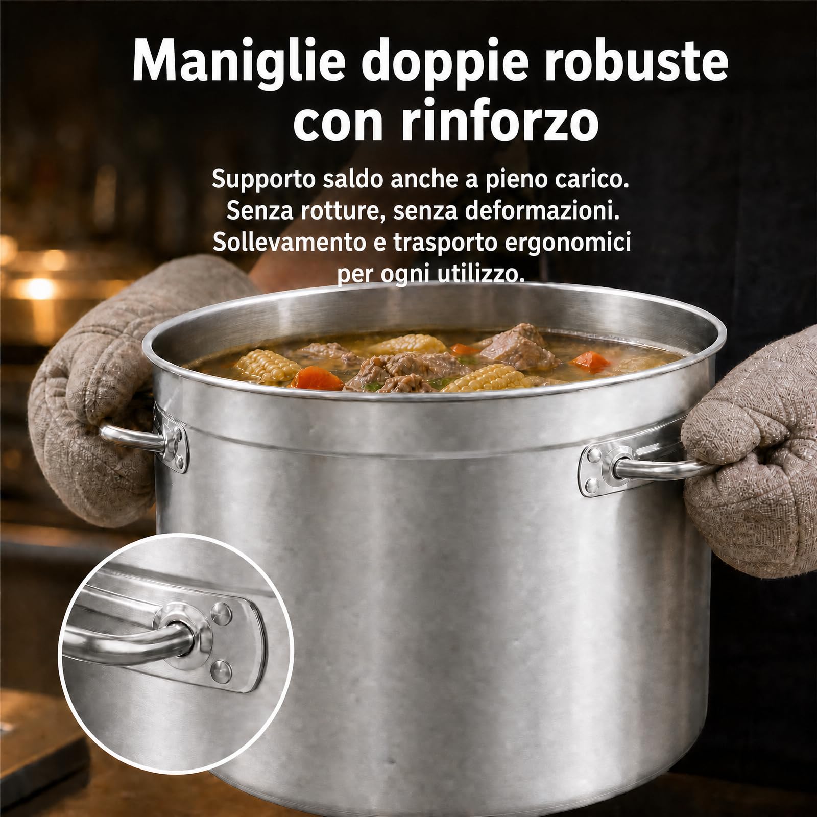 Pentola per zuppa in acciaio inox, 98 l, grande con manici e coperchio per lavandino, Ø 51,5 cm, altezza: 50 cm, in acciaio inox, grande per tutti i piani cottura e le grandi cucine
