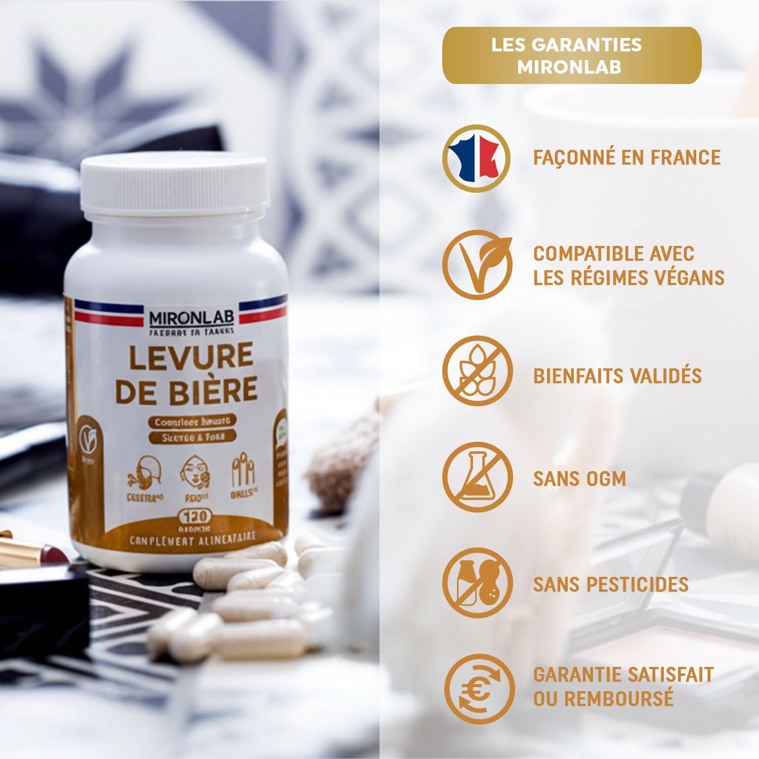 Levure de Bière Active - Pousse Cheveux - Haut Dosage 1640mg - Testé - Enrichi Vitamines & Minéraux - Complément alimentaire Peau & Ongles - 120 gélules/1 mois - Laboratoire Français MIRONLAB