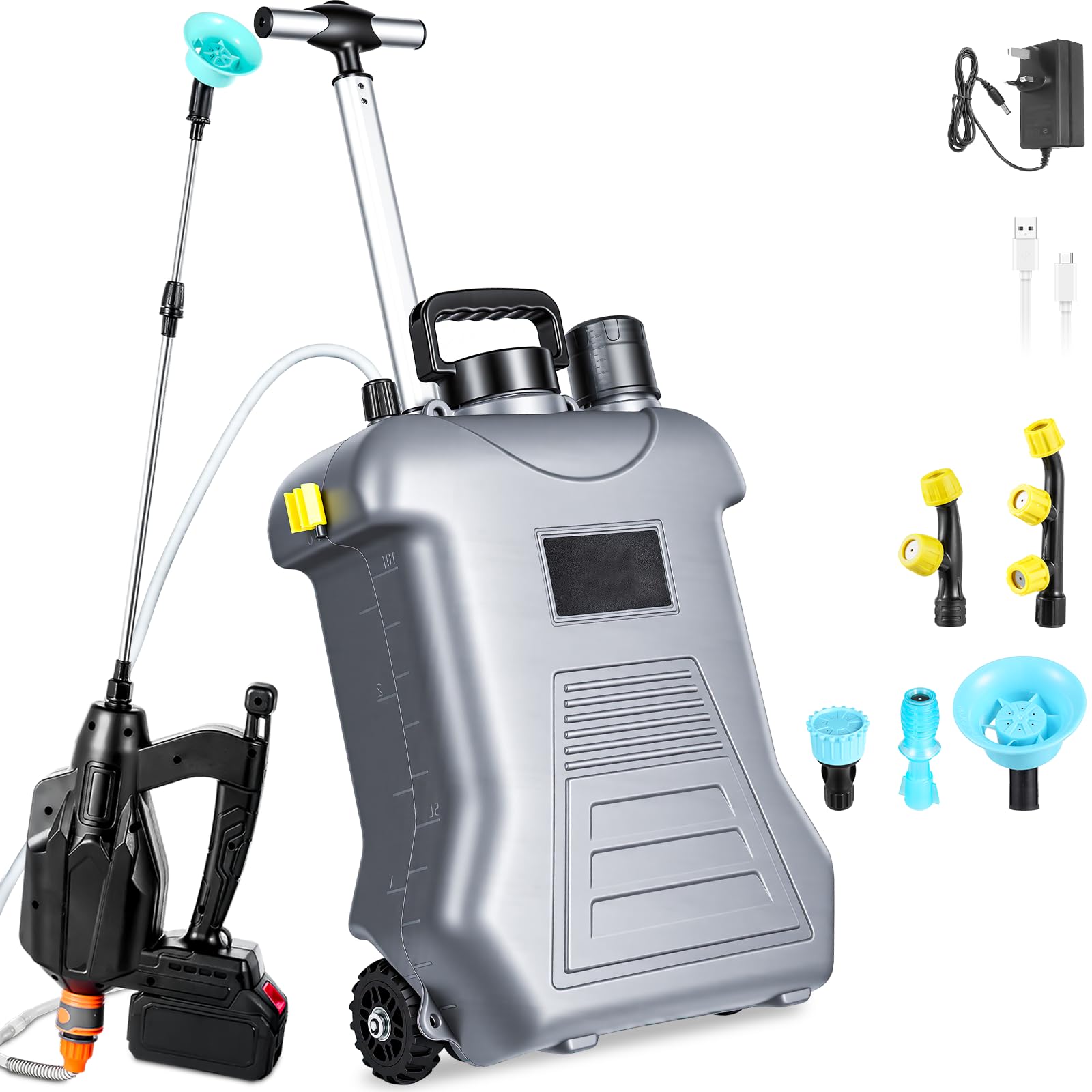 Pulverizador Eléctrico a Batería 15L con Carretilla, Mochila Sulfatadora de Jardín Compatible con 18V, Pulverizador de Presión con 3 Velocidades, Lanza Telescópica para Fumigación y Riego