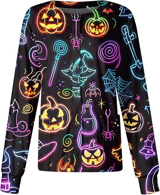 Printed Scrub Jackets for Woman Print Long Sleeve Plus Size Womens Scrubs for Women Nursing Jacket with Pockets
