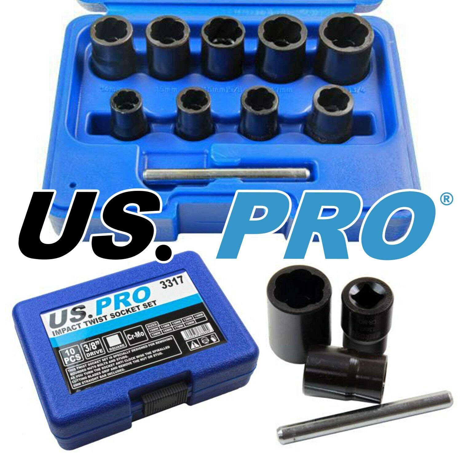 Us Pro Tools 10Pc 3/8" Dr Impact Twist Socket Set - Nuts Bolts & Studs Removal 5060478388494