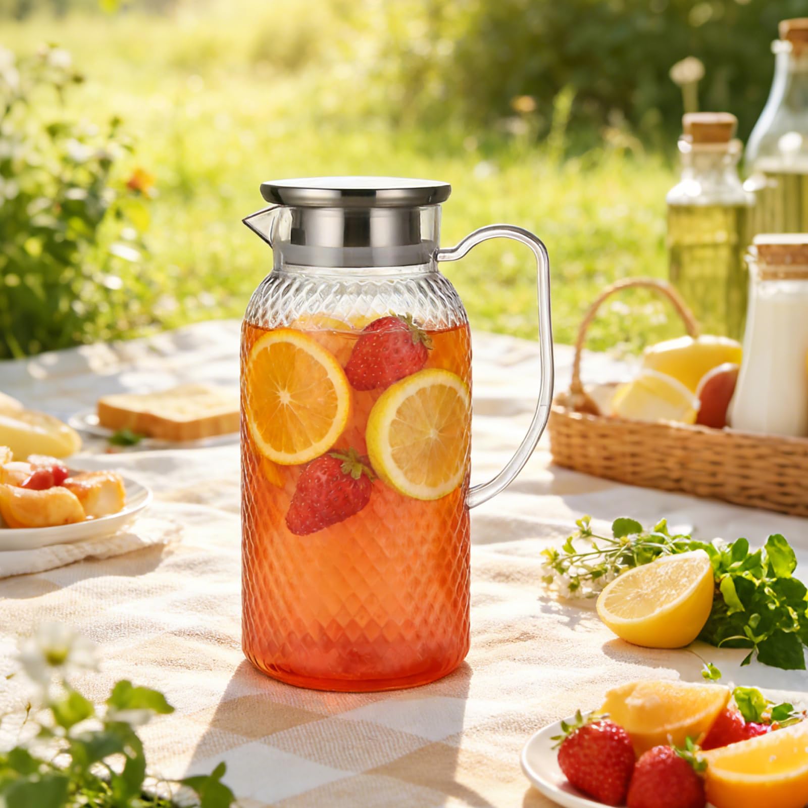 2 caraffa per acqua con coperchio, 1,8 l, con coperchio in PC, caraffa da 2 litri, resistente al calore e infrangibile, per acqua, succo e tè