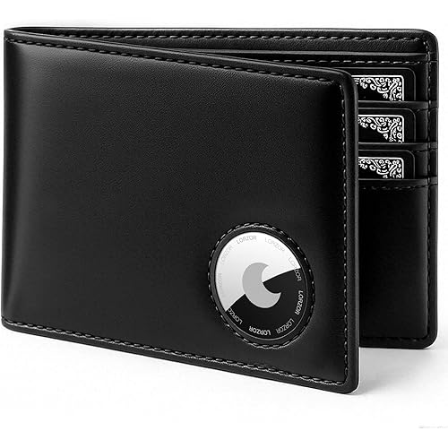 AirTag Wallet- Bifold Top Grain Leather AirTag Wallet for Men, Minimalist Front Pocket Wallet with Airtag Holder, RFID Blocking, 12 Card Capacity Gift for Men(Black)